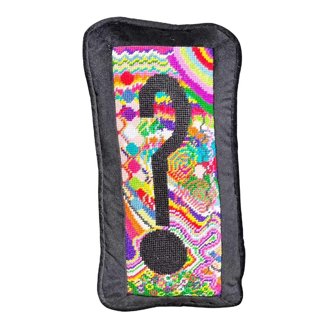 Hand-Embroidered Needlepoint "Huh?" Custom Made Pillow, Original: Our original needlepoint "Huh?" adds a touch of spunk and playfulness with her happy colors and quirky size! This original pillow is hand embroidered stream of consciousness in merino wool and
