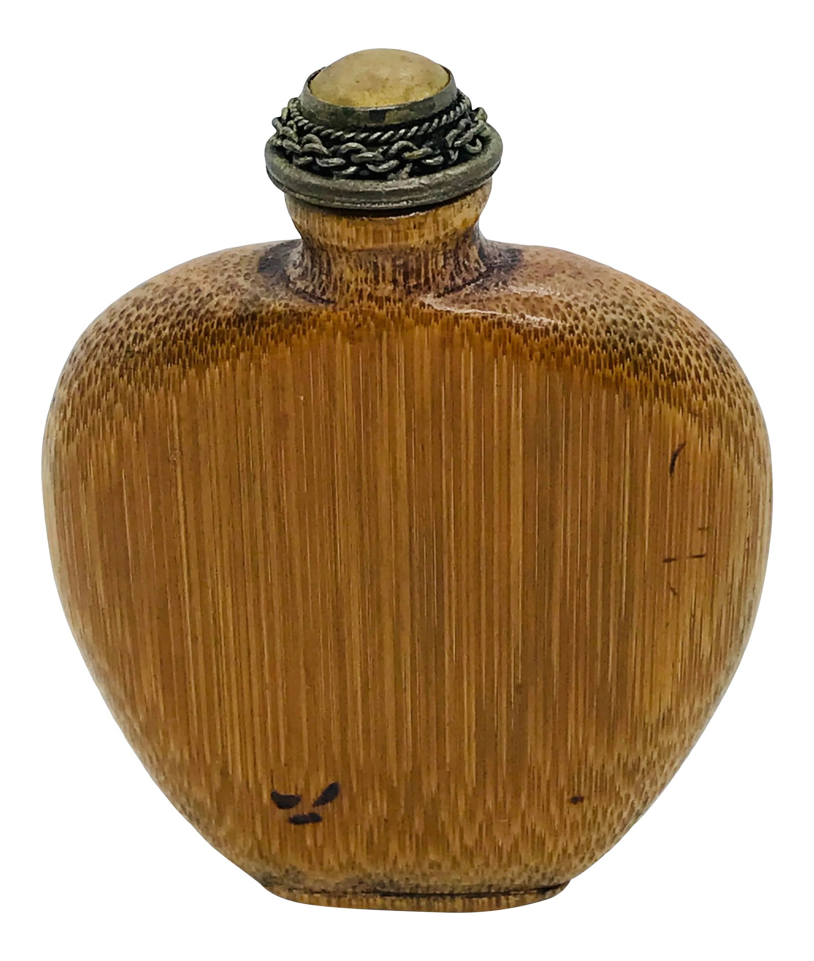 Antique 1920s Bamboo Snuff Bottle: The bottle was carved from an old bamboo root stump in flattened form with a small neck. It is smoothly polished. The neck is narrow and flares out. The opening is wide and the inside well hollowed.