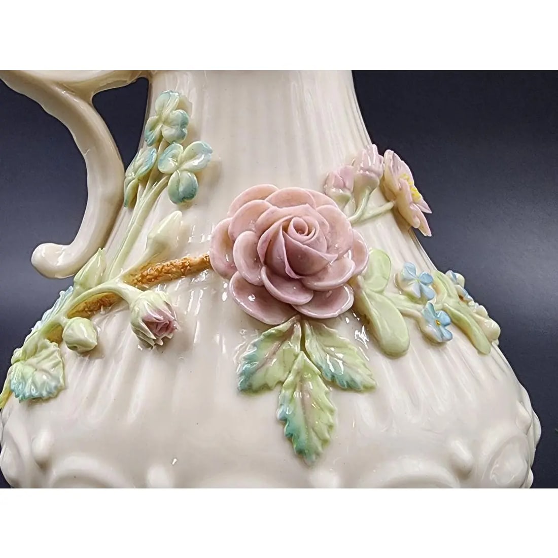 Late 20th Century Large 9" Vintage Belleek Aberdeen Ewer W/ Applied Flowers - 12