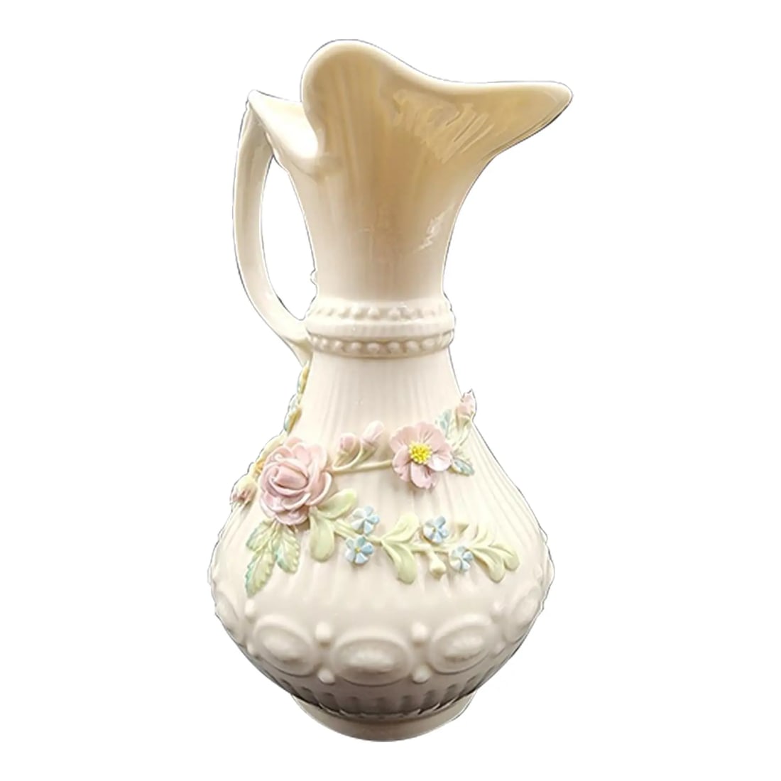 Late 20th Century Large 9" Vintage Belleek Aberdeen Ewer W/ Applied Flowers - 18