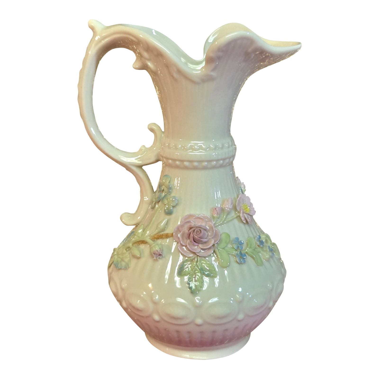 Late 20th Century Large 9" Vintage Belleek Aberdeen Ewer W/ Applied Flowers (1 of 18)