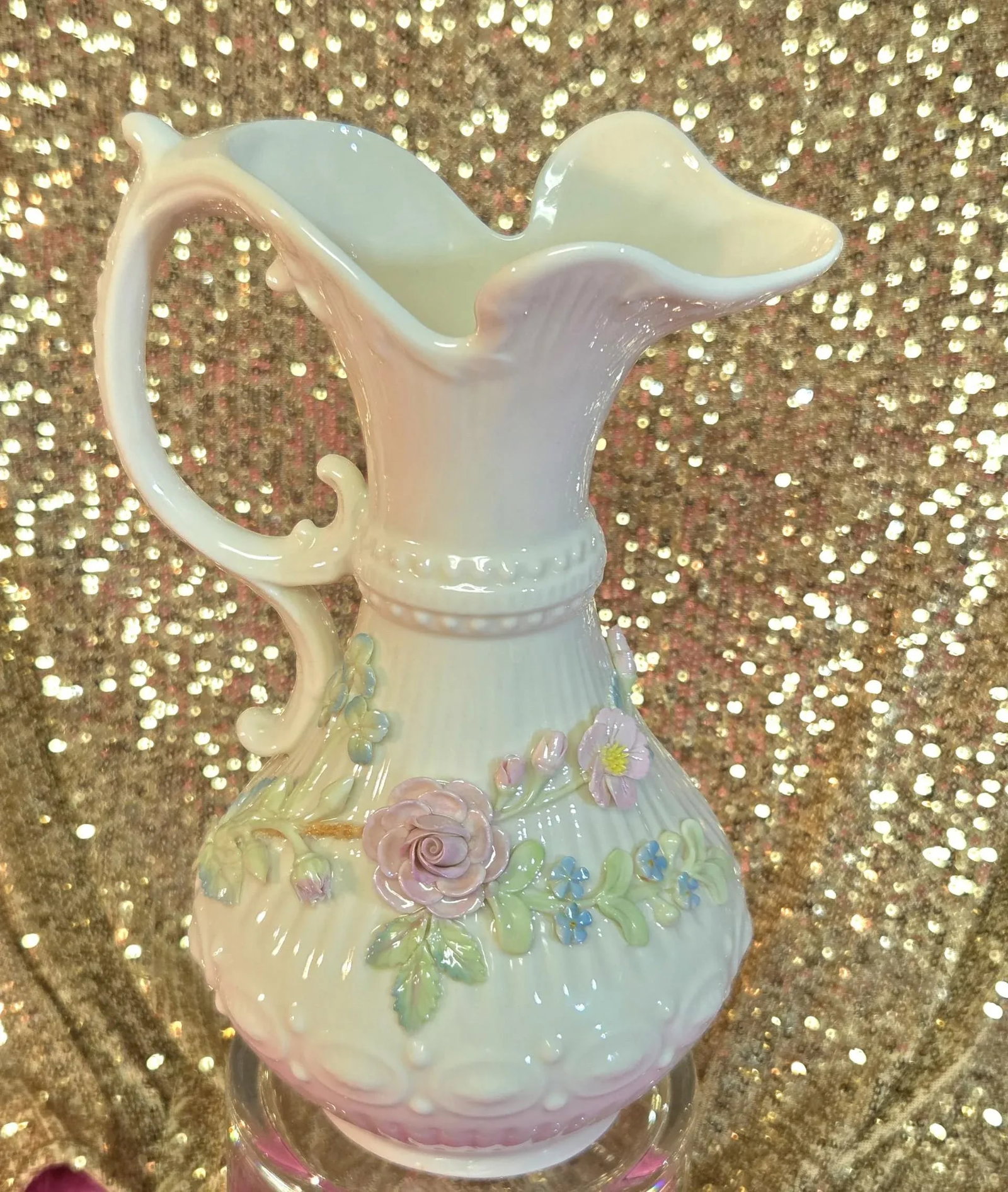 Late 20th Century Large 9" Vintage Belleek Aberdeen Ewer W/ Applied Flowers - 2