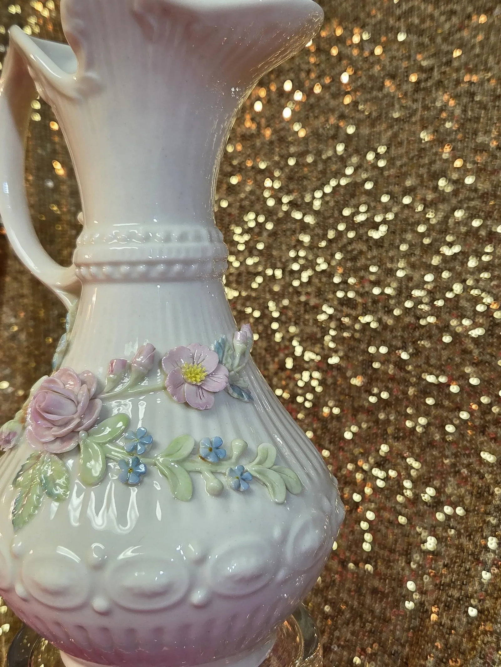 Late 20th Century Large 9" Vintage Belleek Aberdeen Ewer W/ Applied Flowers - 4