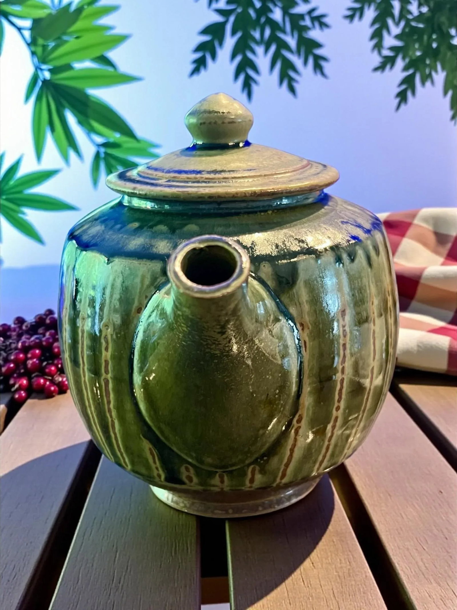 1990s Brad Tucker Cedar Creek Pottery Teapot-Seagrove NC-Green Ash Glaze-Art Studio - 3