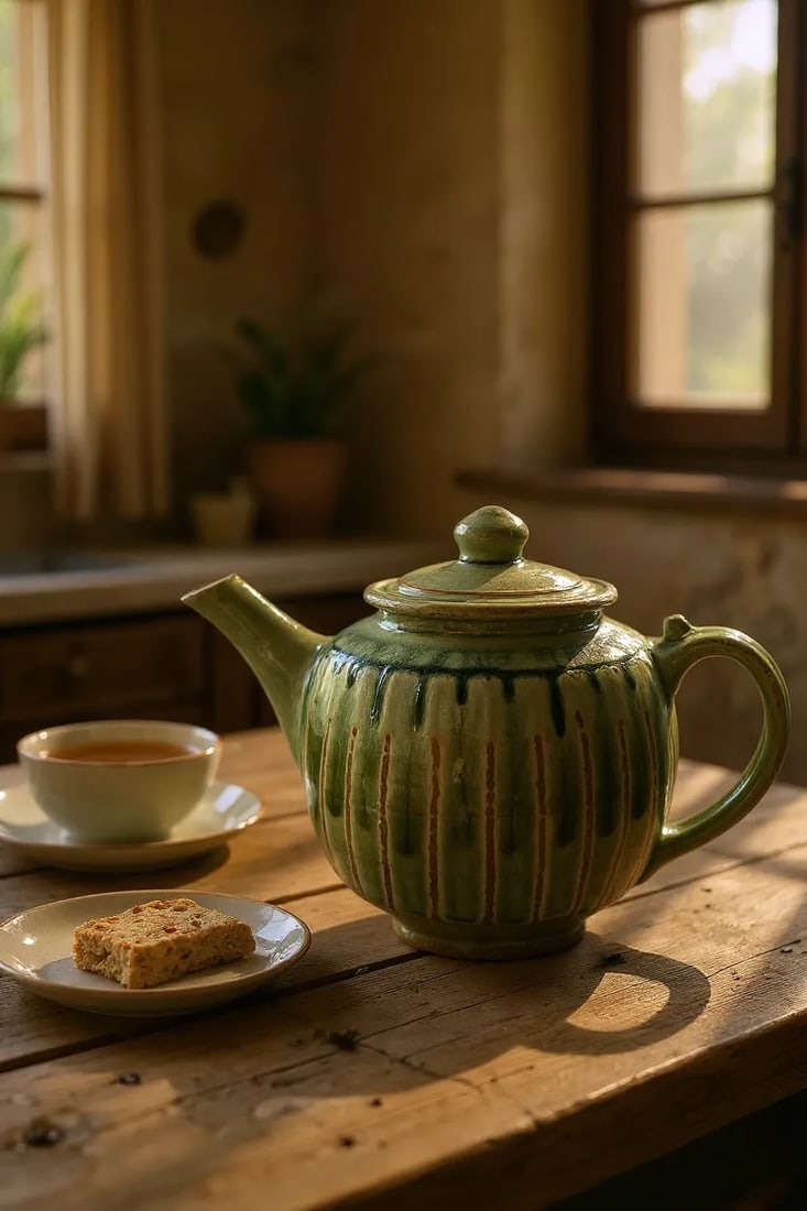 1990s Brad Tucker Cedar Creek Pottery Teapot-Seagrove NC-Green Ash Glaze-Art Studio - 6