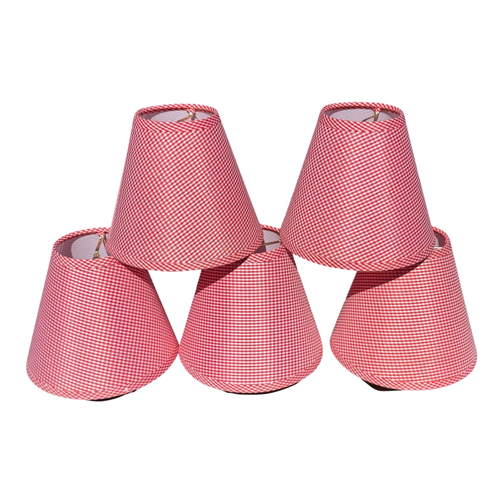 Set of 5 Newbury Gingham Lampshades: Set of 5" lampshades barn red gingham pattern. Condition: Alterations: Original Condition Unaltered Imperfections: Some Imperfections Condition Notes: Overall good condition Materials &