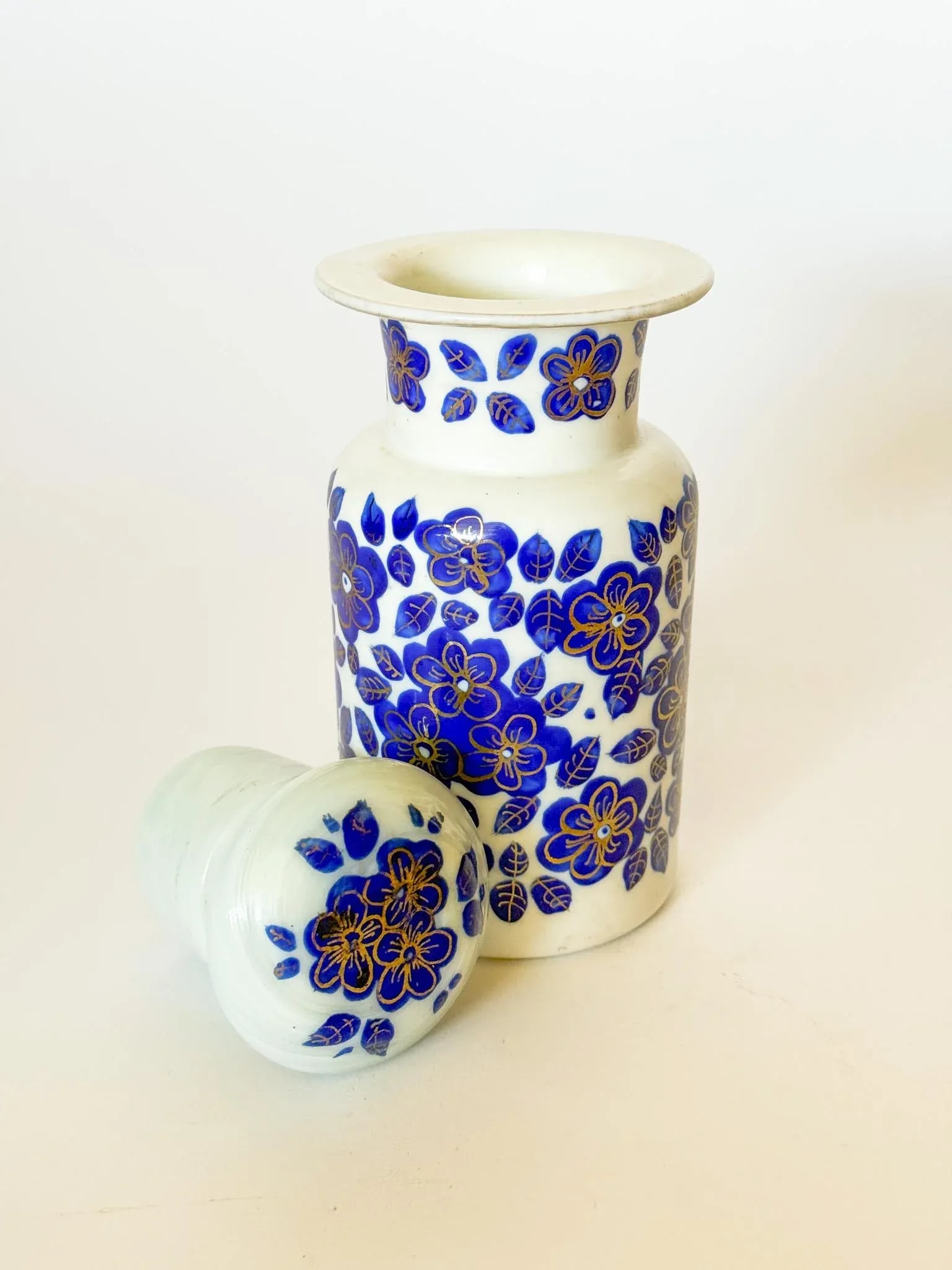 Antique Bohemian Opaline Apothecary Bottle and Stopper With Blue Hand Painted Flowers - 2