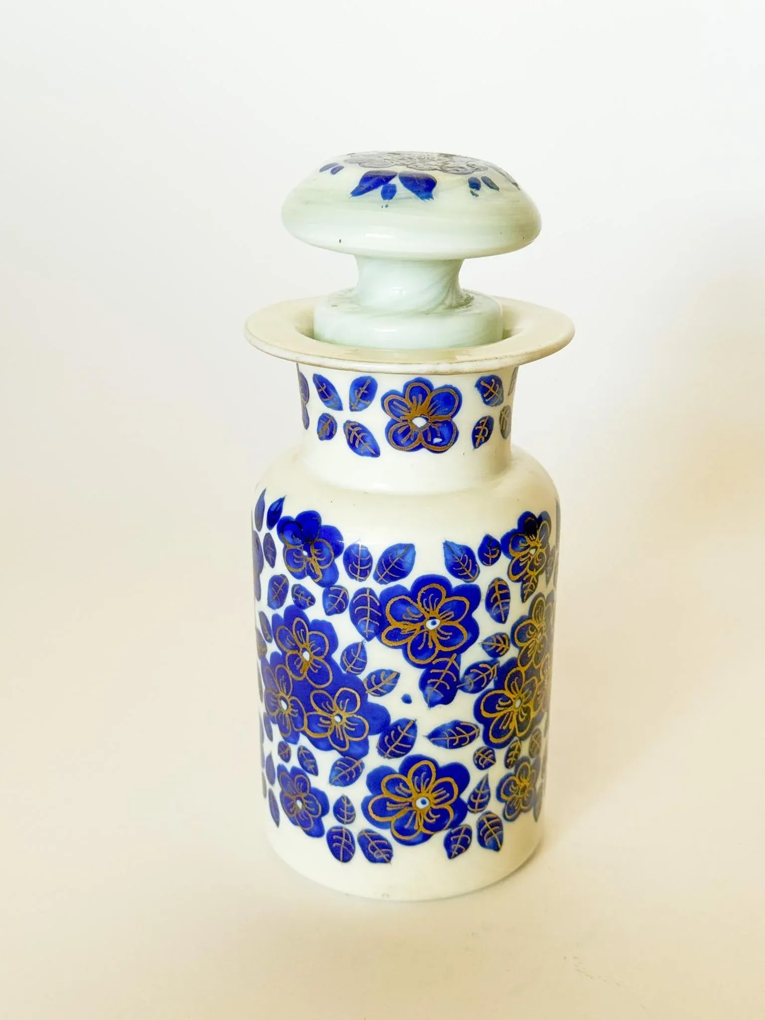 Antique Bohemian Opaline Apothecary Bottle and Stopper With Blue Hand Painted Flowers - 3