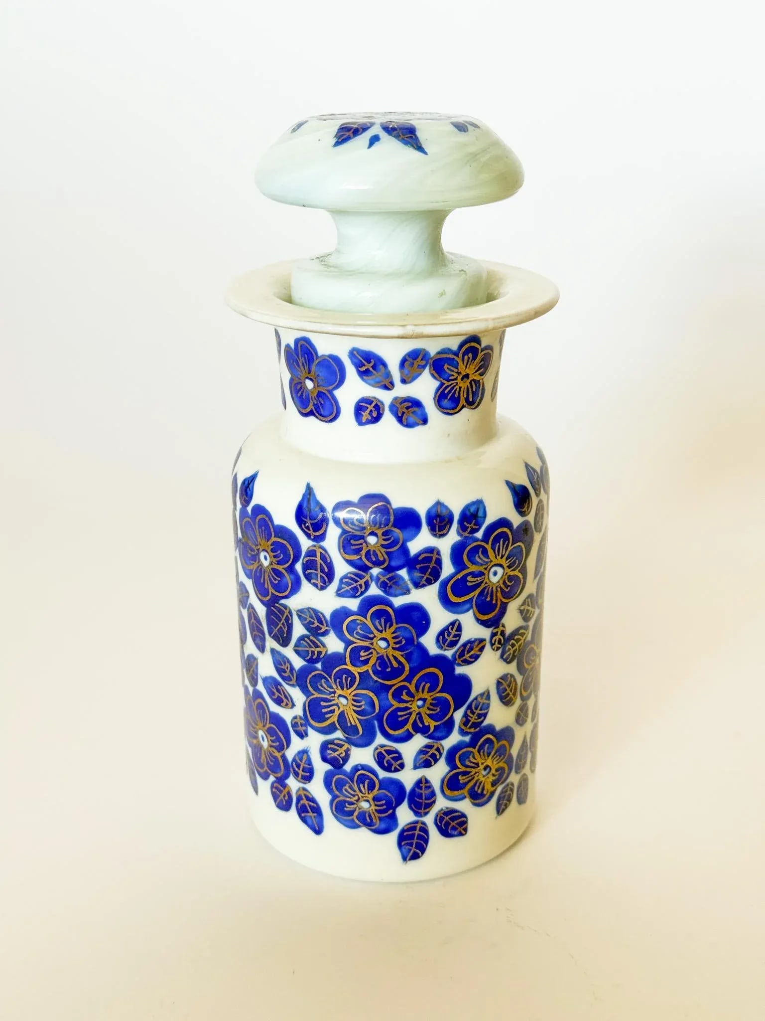 Antique Bohemian Opaline Apothecary Bottle and Stopper With Blue Hand Painted Flowers - 5