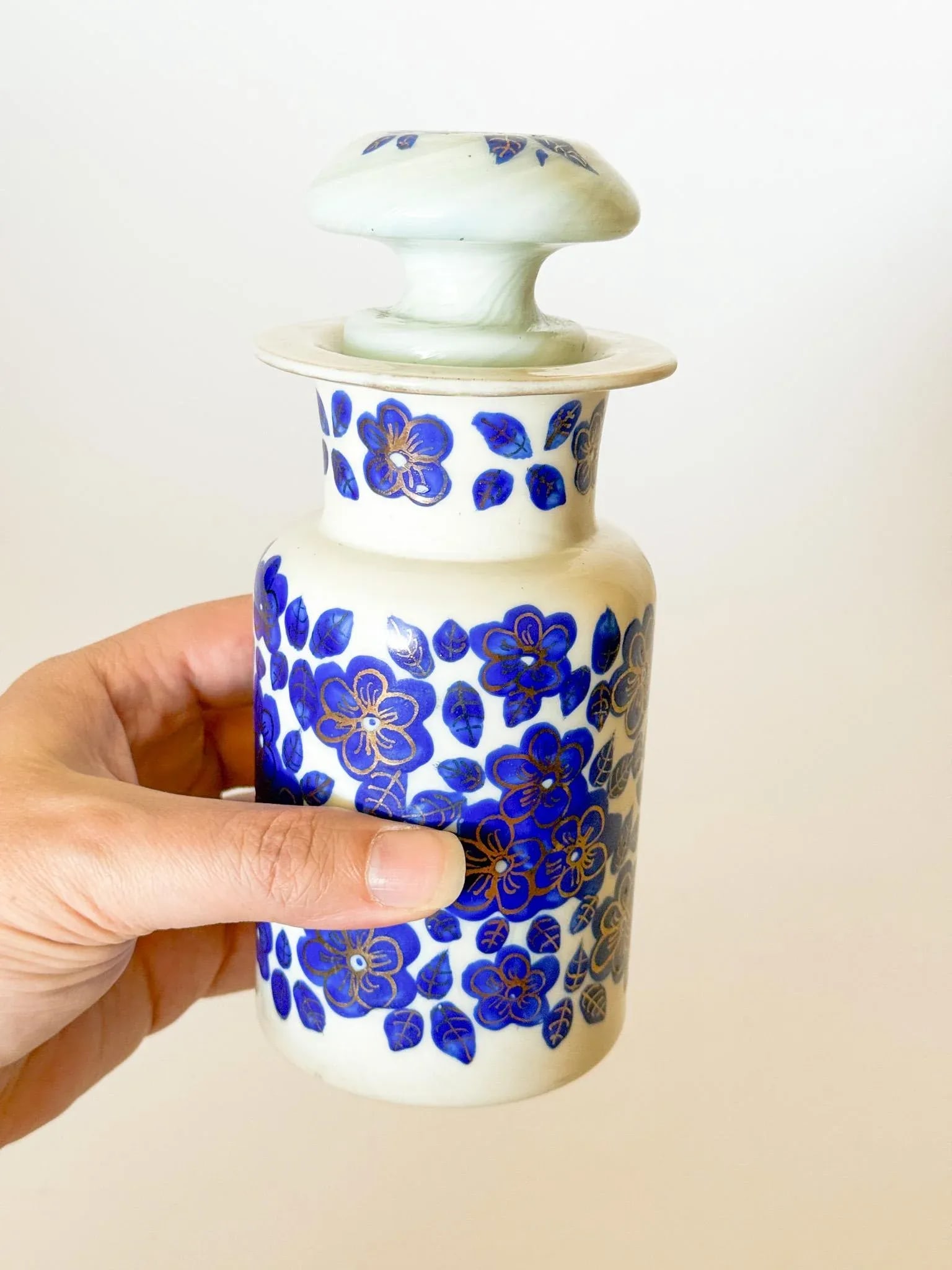 Antique Bohemian Opaline Apothecary Bottle and Stopper With Blue Hand Painted Flowers - 6