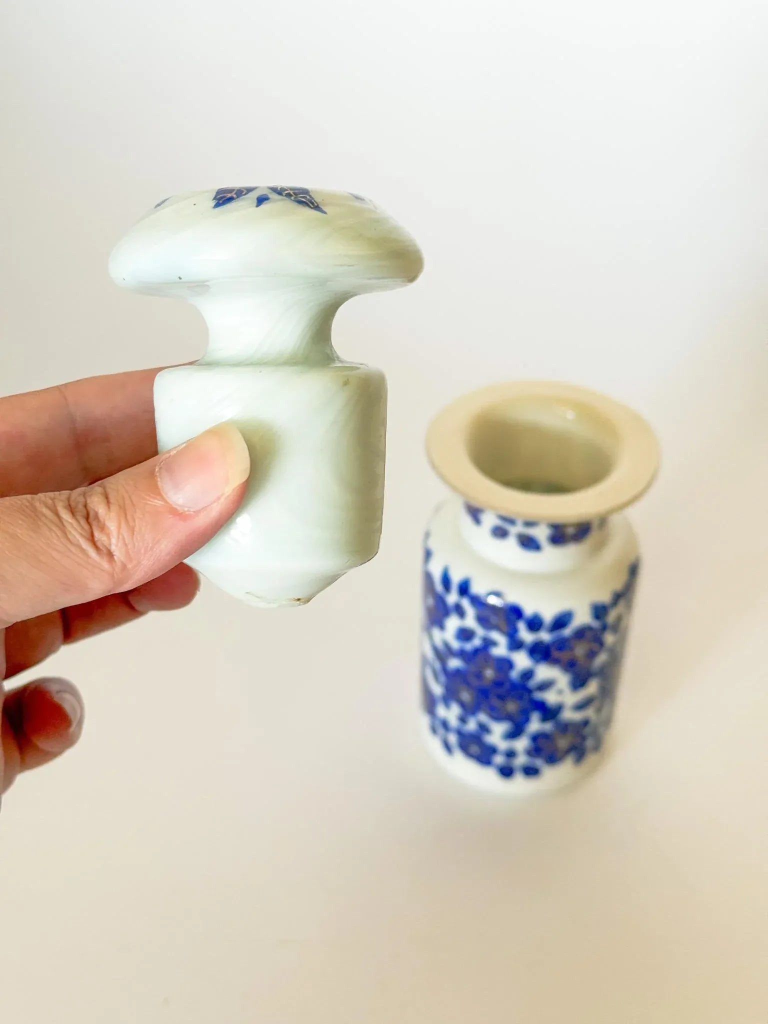 Antique Bohemian Opaline Apothecary Bottle and Stopper With Blue Hand Painted Flowers - 8