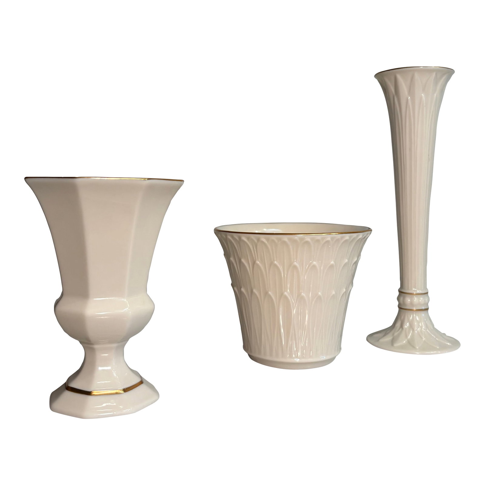 Hollywood Regency Lenox Ivory and Gold Vase Curation- Set of 3: Add some Hollywood Regency glamour to your home with this curated set of three ivory and gold vases from Lenox. The set of three includes one of each: Lenox Tivoli Fluted Bud Vase, USA, 1969-1989,