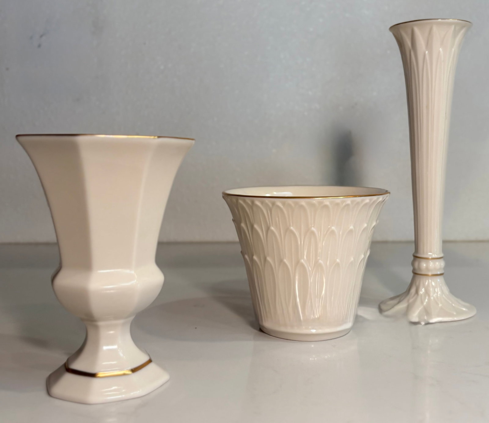 Hollywood Regency Lenox Ivory and Gold Vase Curation- Set of 3 - 6