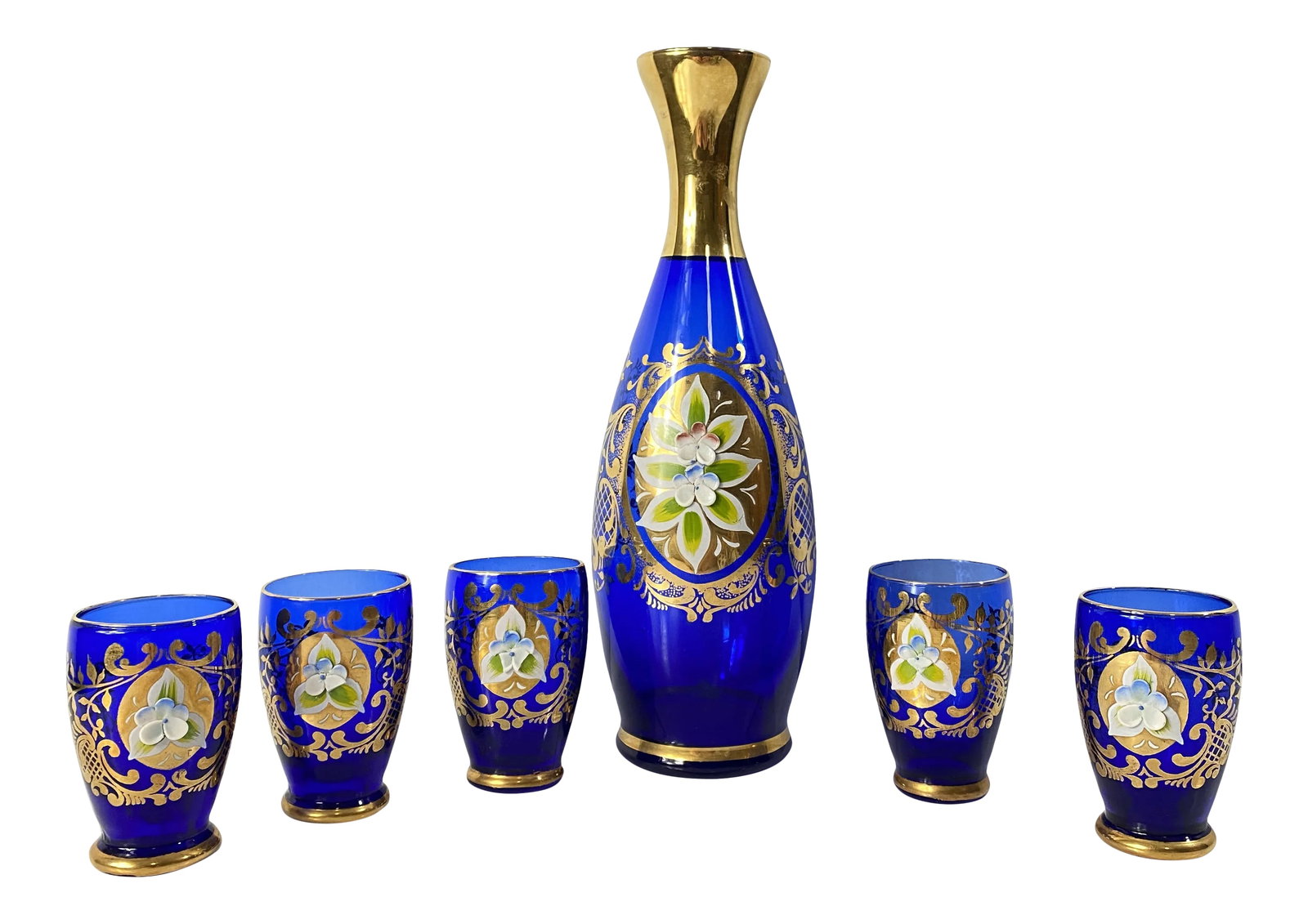 Antique 1900s Blue Glass Gold Flower Petal Leaf Decanter Mini Glasses Barware - Set of 6 (1 of 8)
