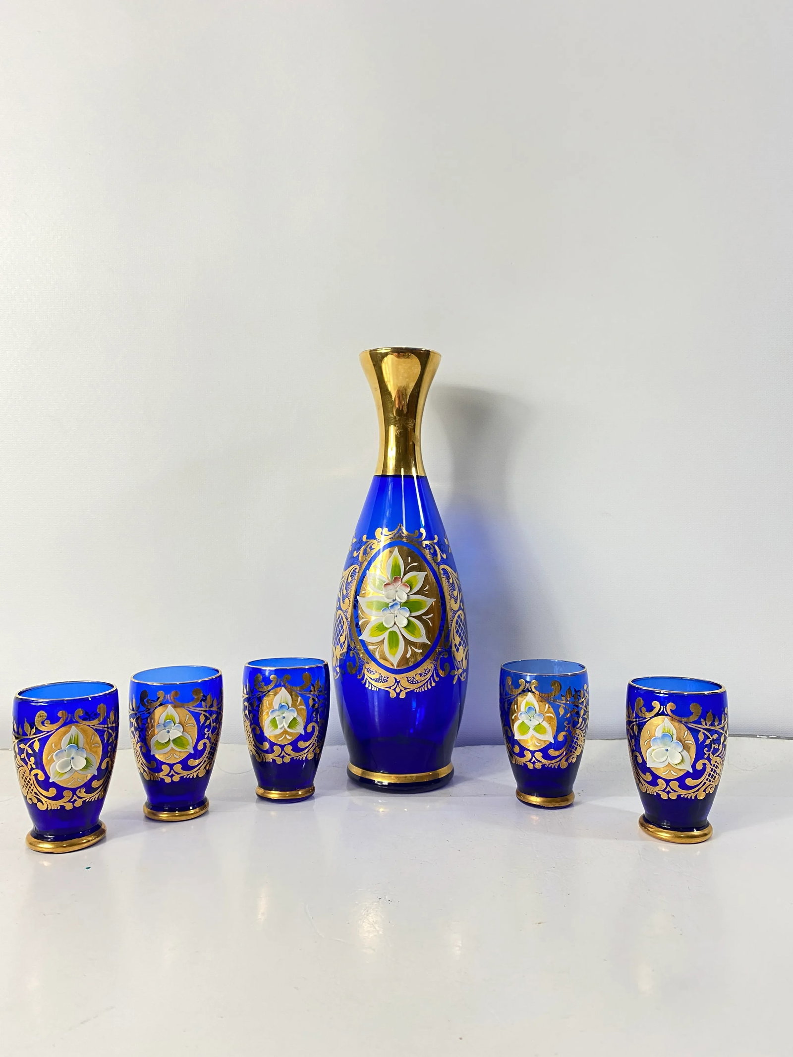 Antique 1900s Blue Glass Gold Flower Petal Leaf Decanter Mini Glasses Barware - Set of 6 - 8
