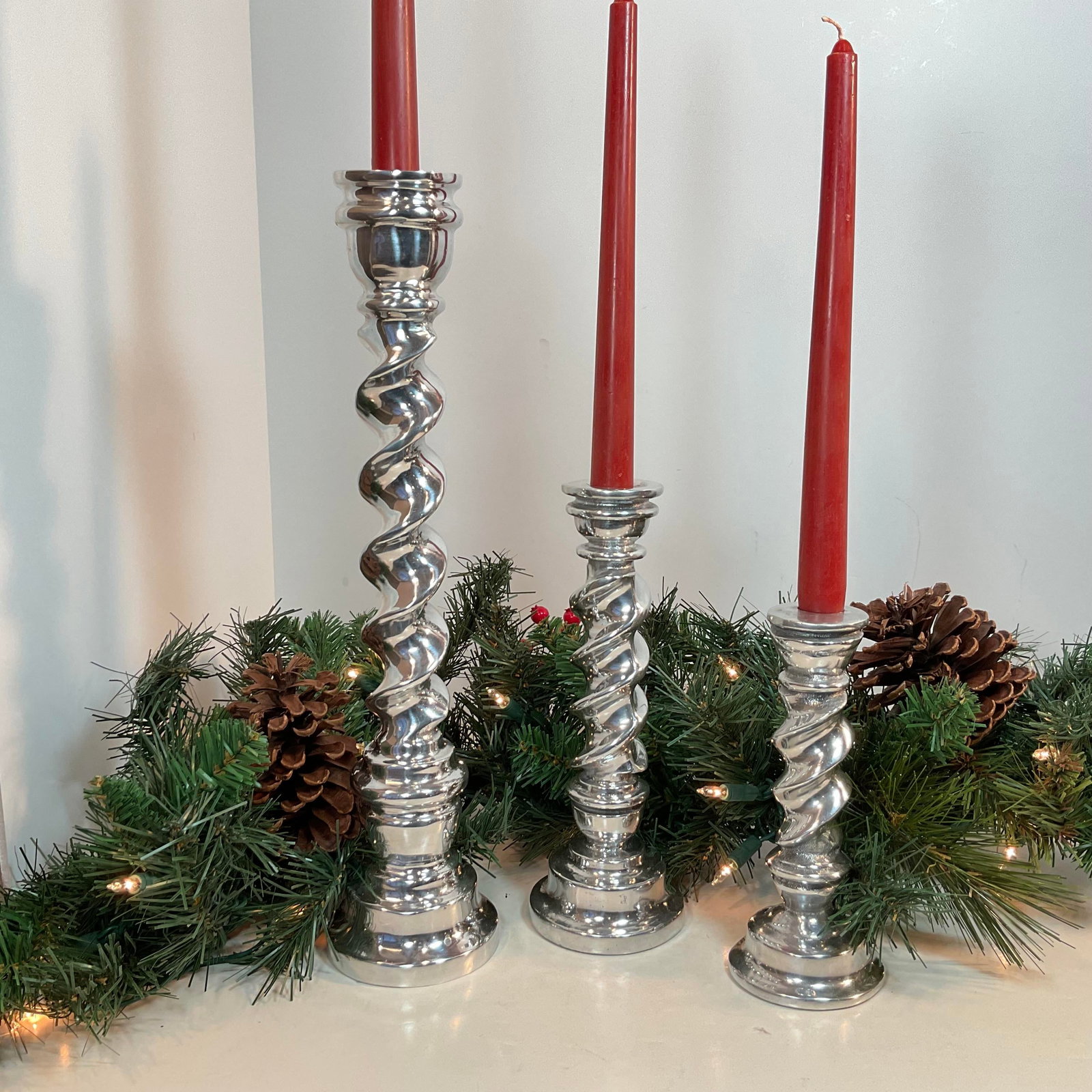 Set of 3 Polished Pewter Twisted Candle Holders 7"-14.5" - 2