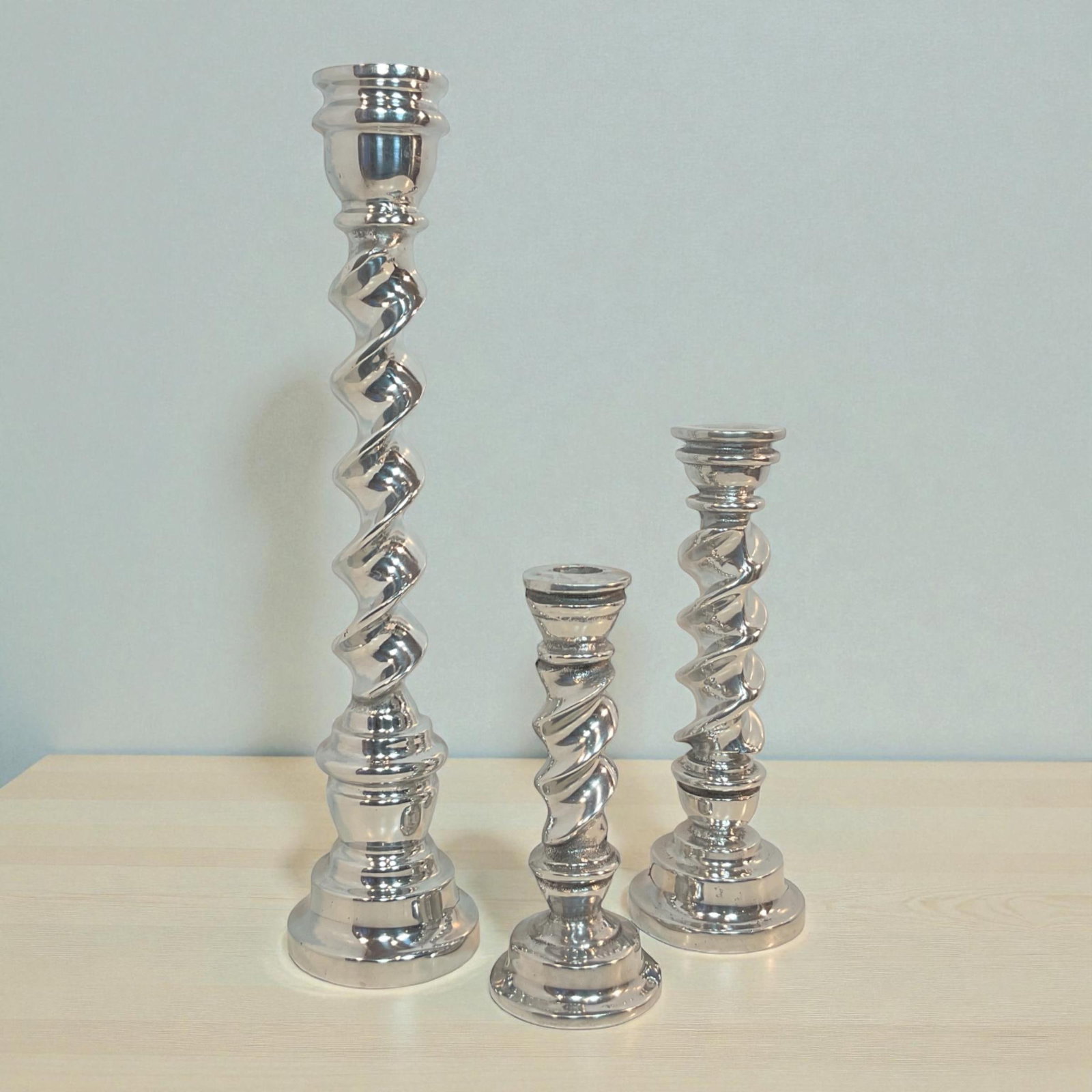Set of 3 Polished Pewter Twisted Candle Holders 7"-14.5" - 3