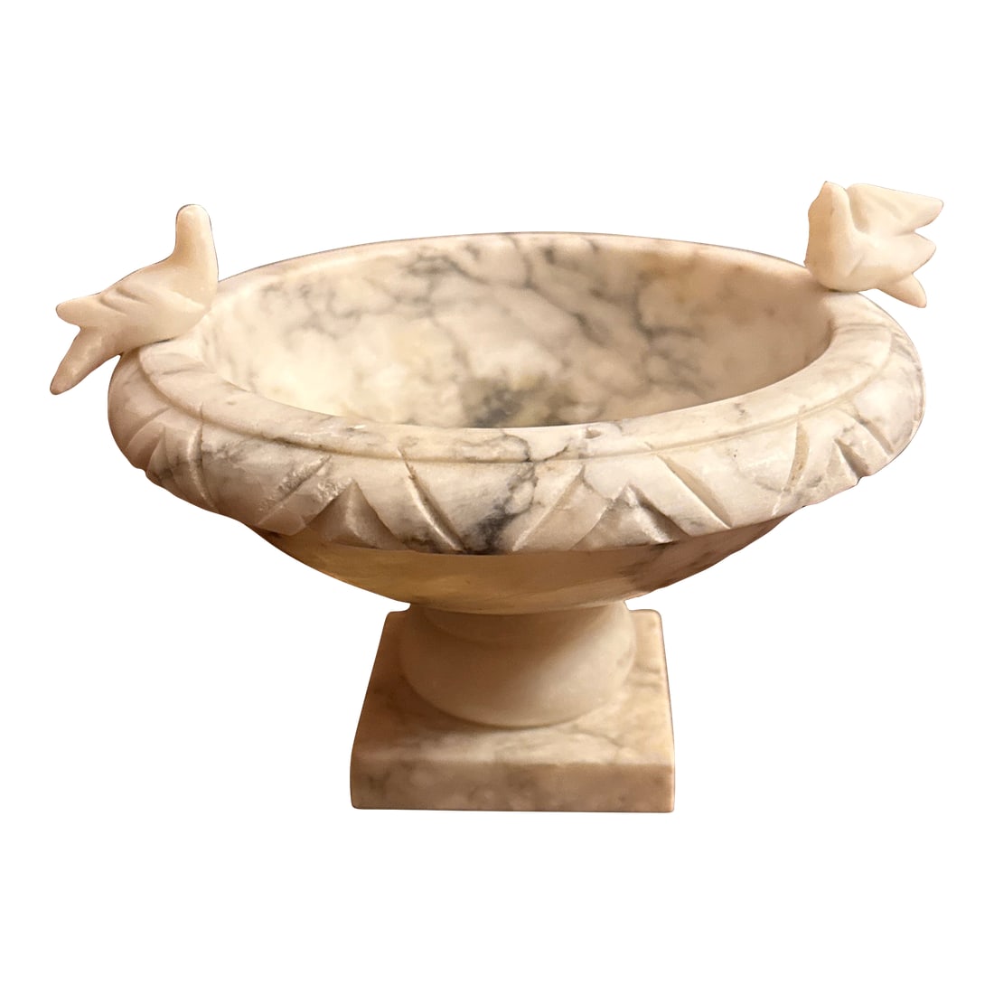 Italian Alabaster Bird Bath: Antique hand carved Italian white and gray veined alabaster urn with two birds perched on the sides. A great decorative accessory for a bookcase, or to use as a candy dish or catchall. Condition: Alte