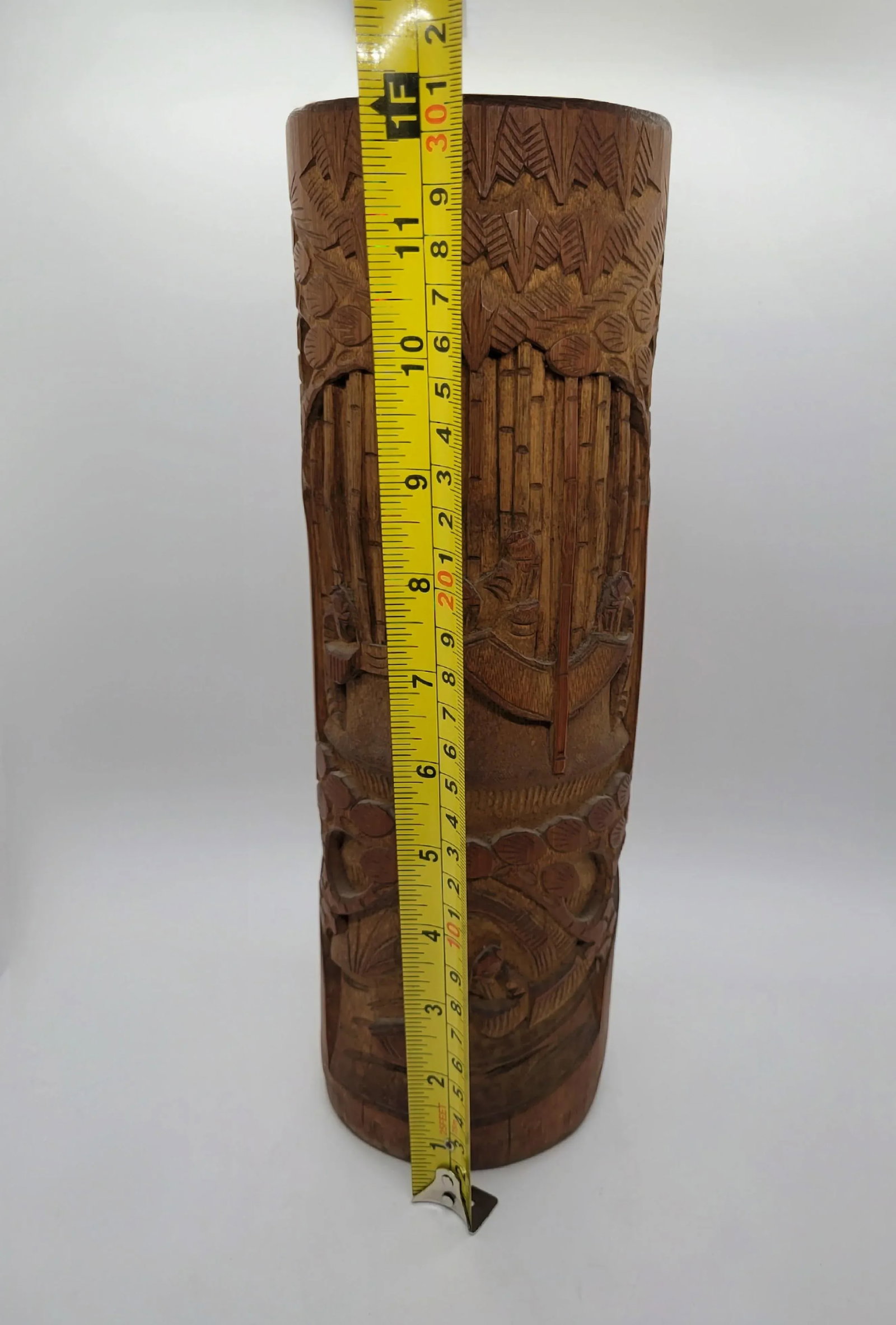 Mid 20th Century Chinese Bamboo Brush Pot Carved Wooden Asian Flower Vase - 10