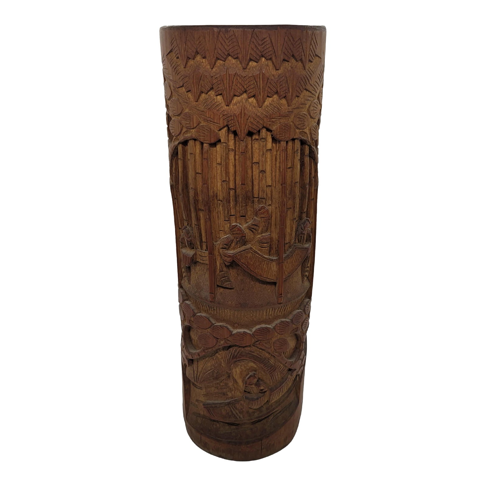 Mid 20th Century Chinese Bamboo Brush Pot Carved Wooden Asian Flower Vase: This would look excellent on your mantle, or even in your office. Condition: Alterations: Original Condition Unaltered Imperfections: Some Imperfections Condition Notes: Great used condition! Please s