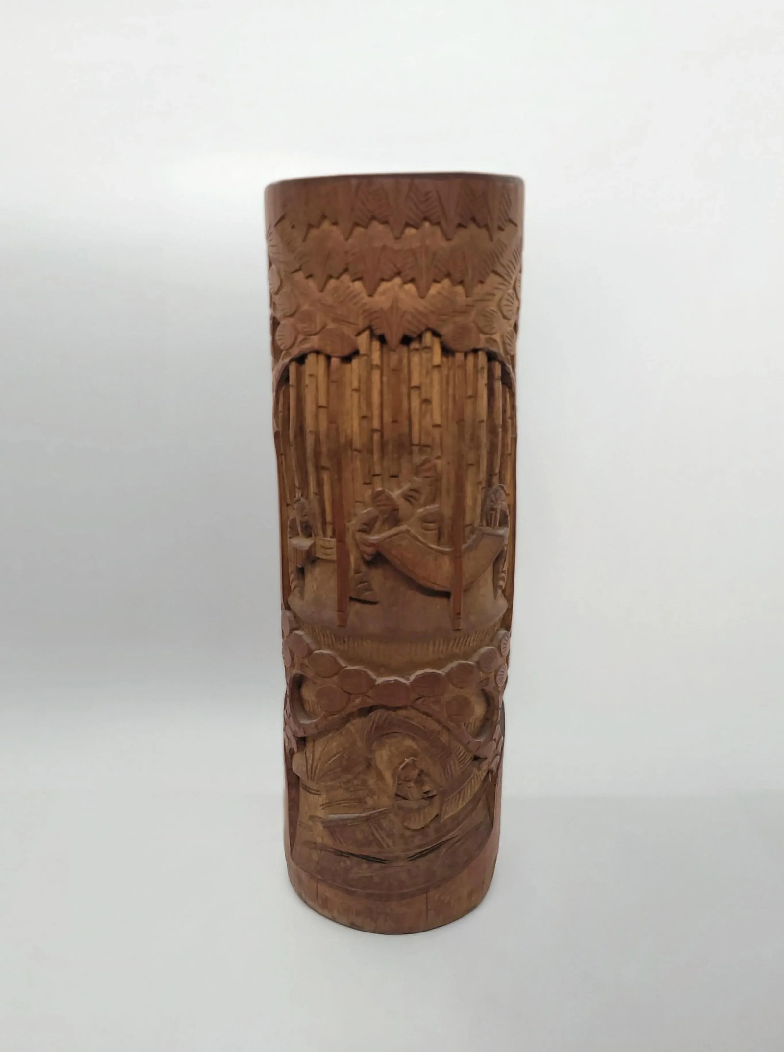 Mid 20th Century Chinese Bamboo Brush Pot Carved Wooden Asian Flower Vase - 2