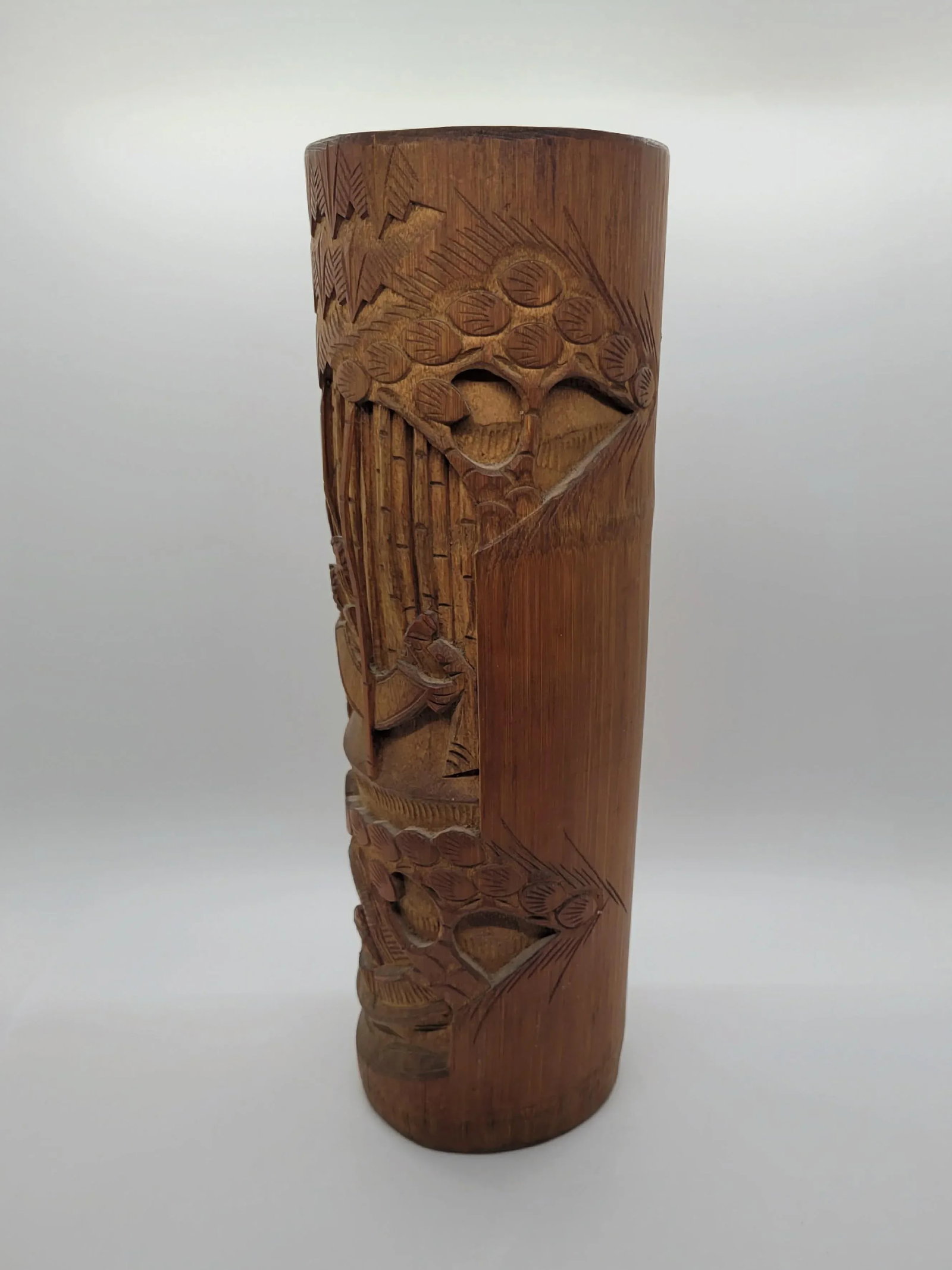 Mid 20th Century Chinese Bamboo Brush Pot Carved Wooden Asian Flower Vase - 3