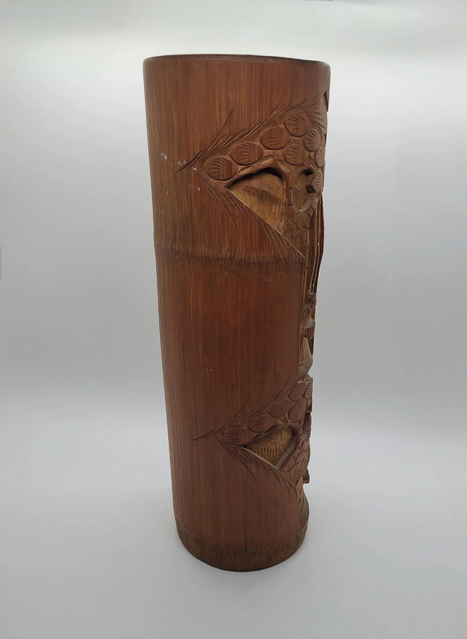Mid 20th Century Chinese Bamboo Brush Pot Carved Wooden Asian Flower Vase - 5