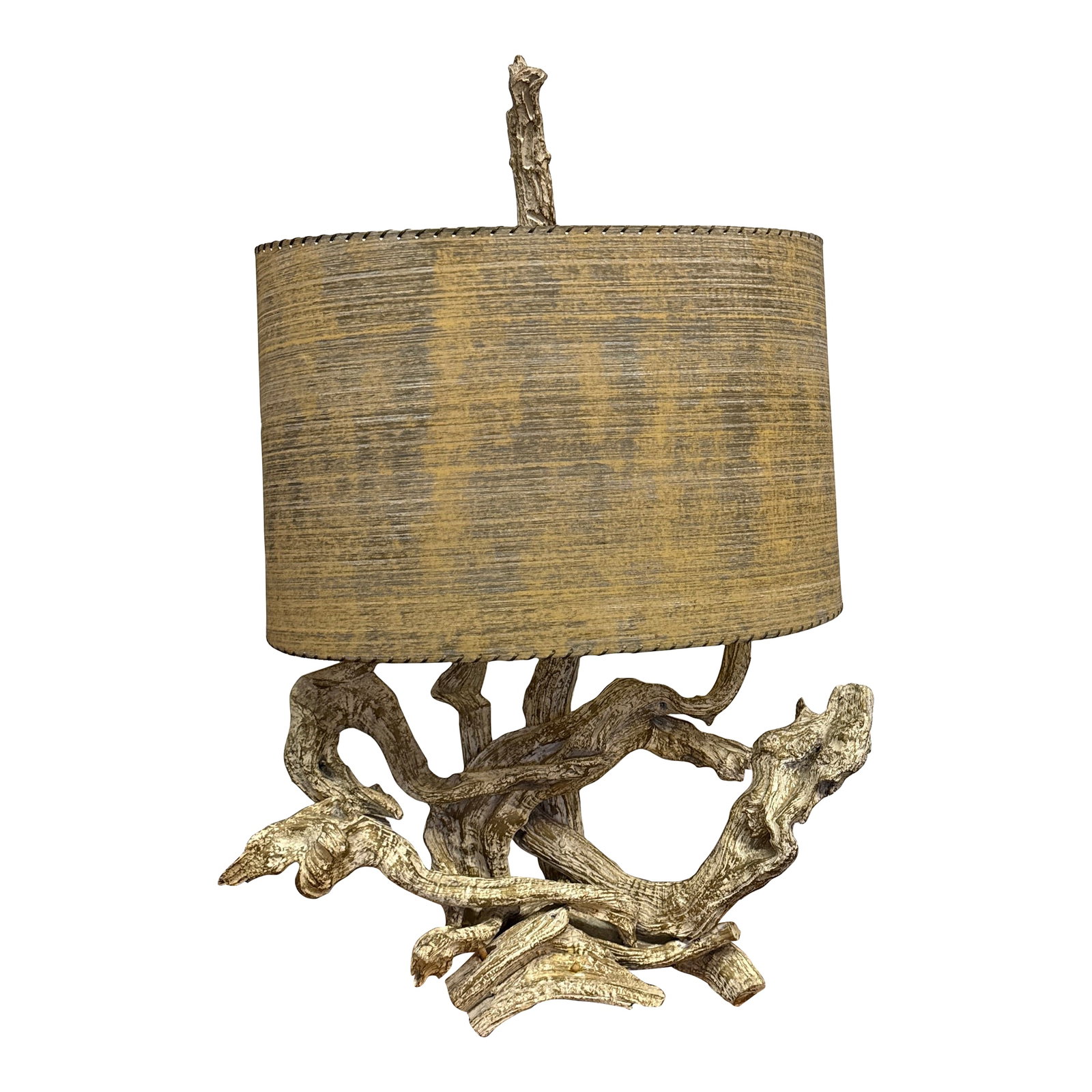1950s Mid Century Large Sculptural Lamp Gold Gilt and White Wash Juniper Burl: 29" wide 40" tall - to top of finial An extraordinary mid century piece. Constructed from juniper burl. With gold wash and whitewash. Large hand made shade. Hand stitched detailing. This piece would