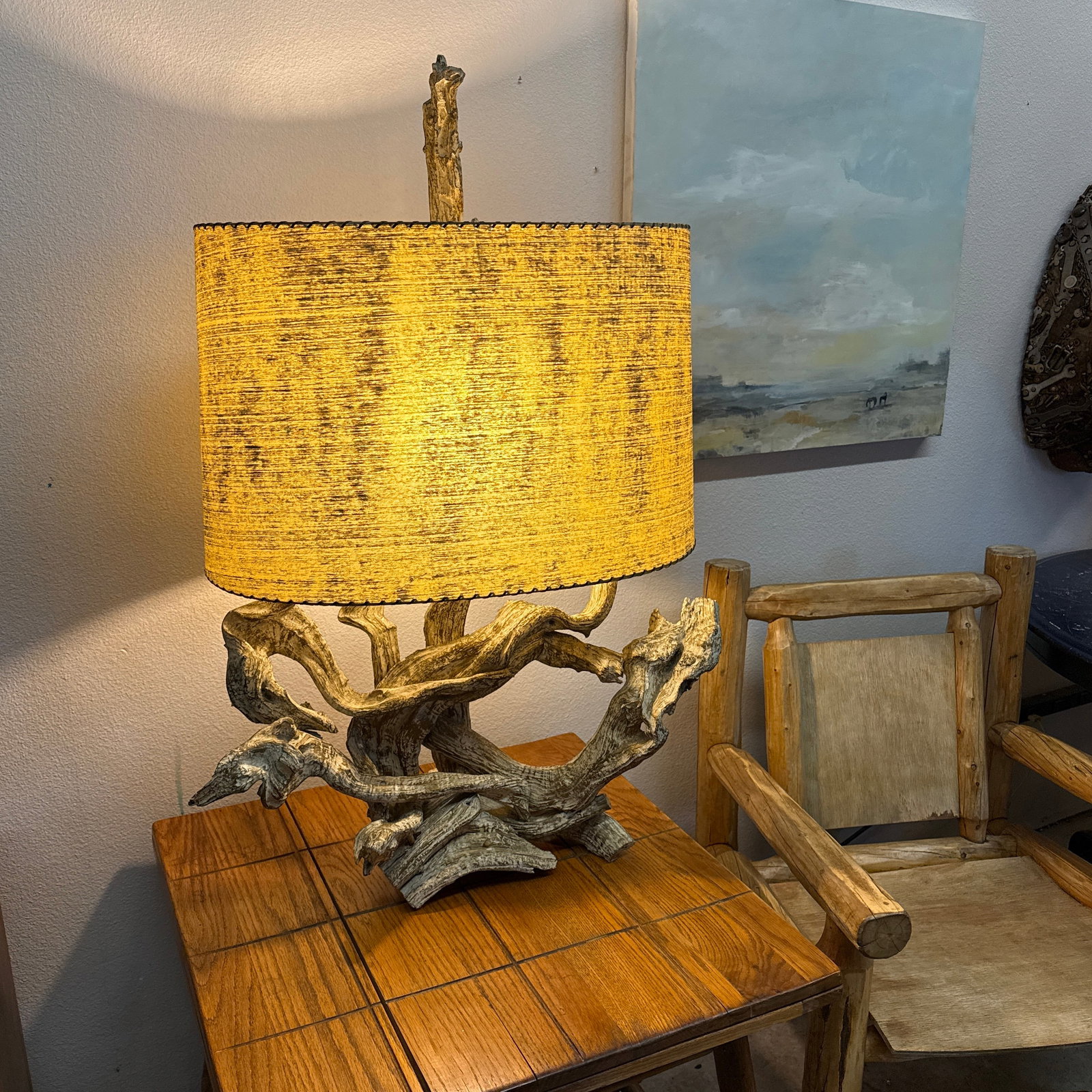 1950s Mid Century Large Sculptural Lamp Gold Gilt and White Wash Juniper Burl - 8