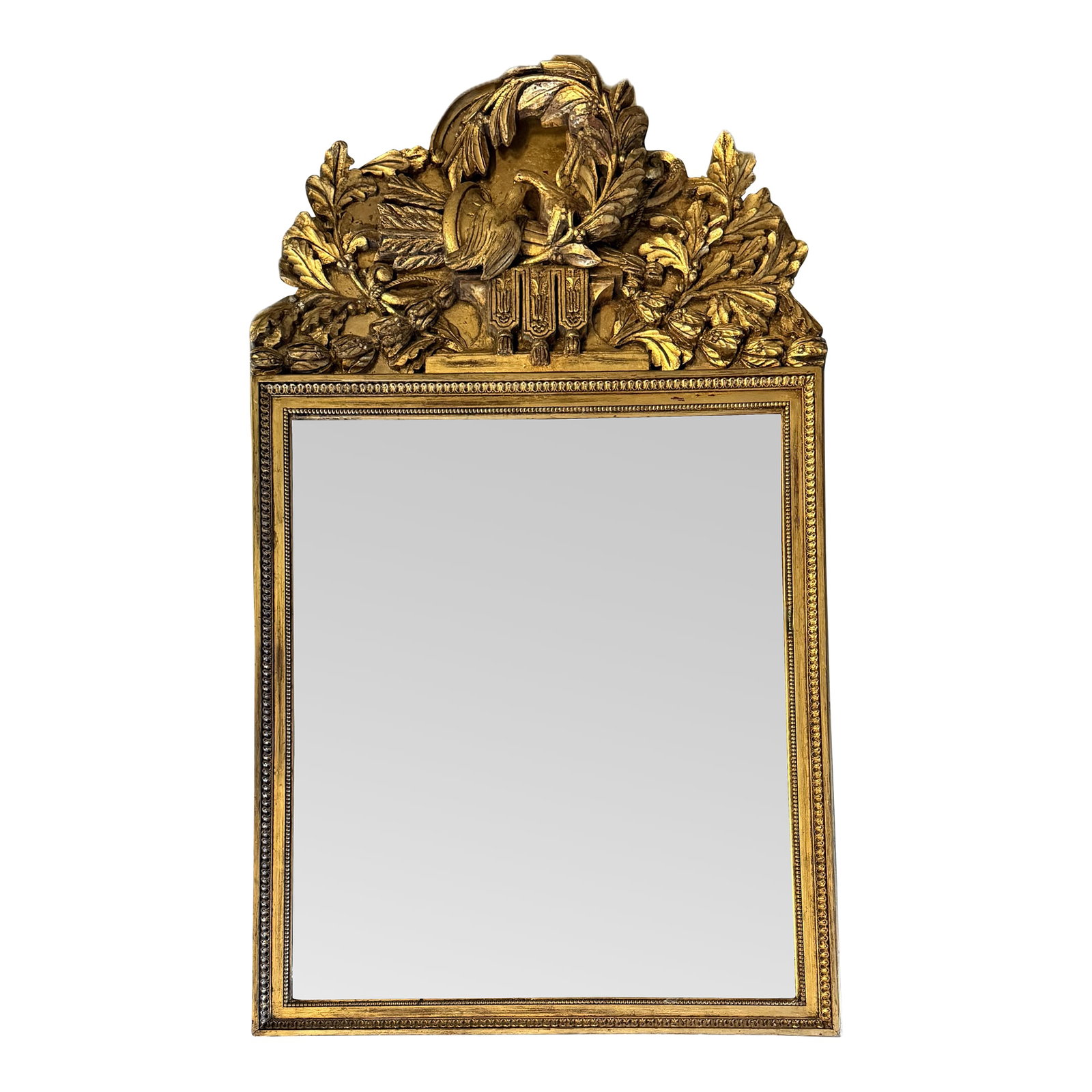 Large Carved Antique Regency Carved Wood Gold Mirror.. 64" Tall. Three Dimensional Carving Doves and: Large antique gold mirror- richly carved with doves of peace - and a unique 3D laurel branch. 64" tall 37" wide 6" deep Condition: Alterations: Original Condition Unaltered Imperfections: Some