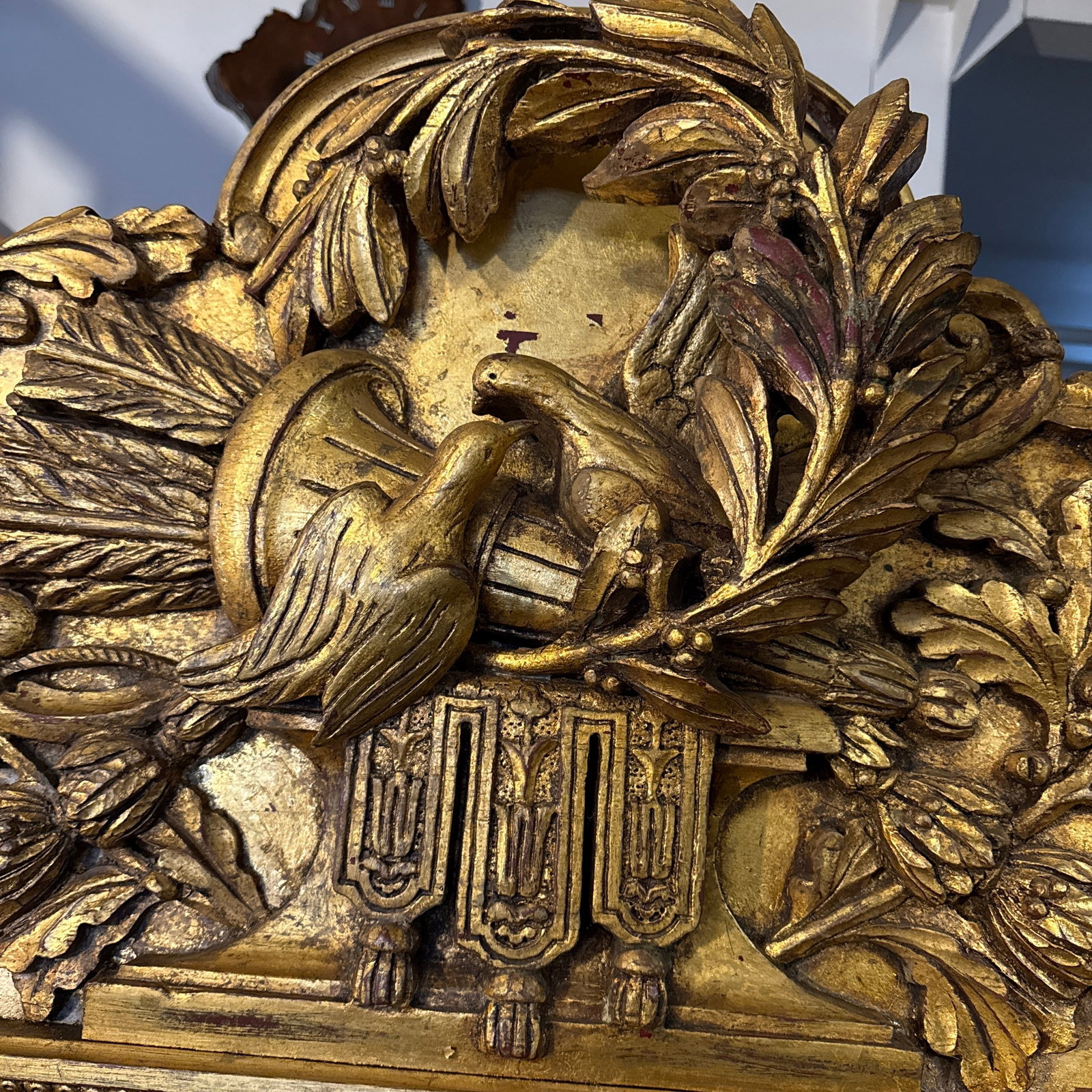 Large Carved Antique Regency Carved Wood Gold Mirror.. 64" Tall. Three Dimensional Carving Doves and - 3