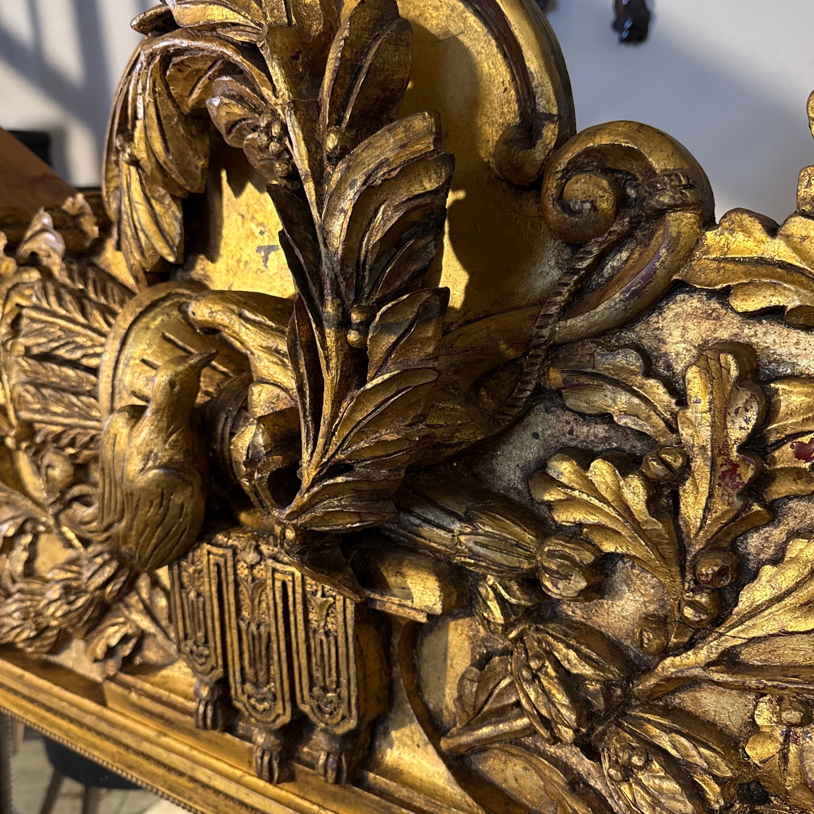 Large Carved Antique Regency Carved Wood Gold Mirror.. 64" Tall. Three Dimensional Carving Doves and - 6