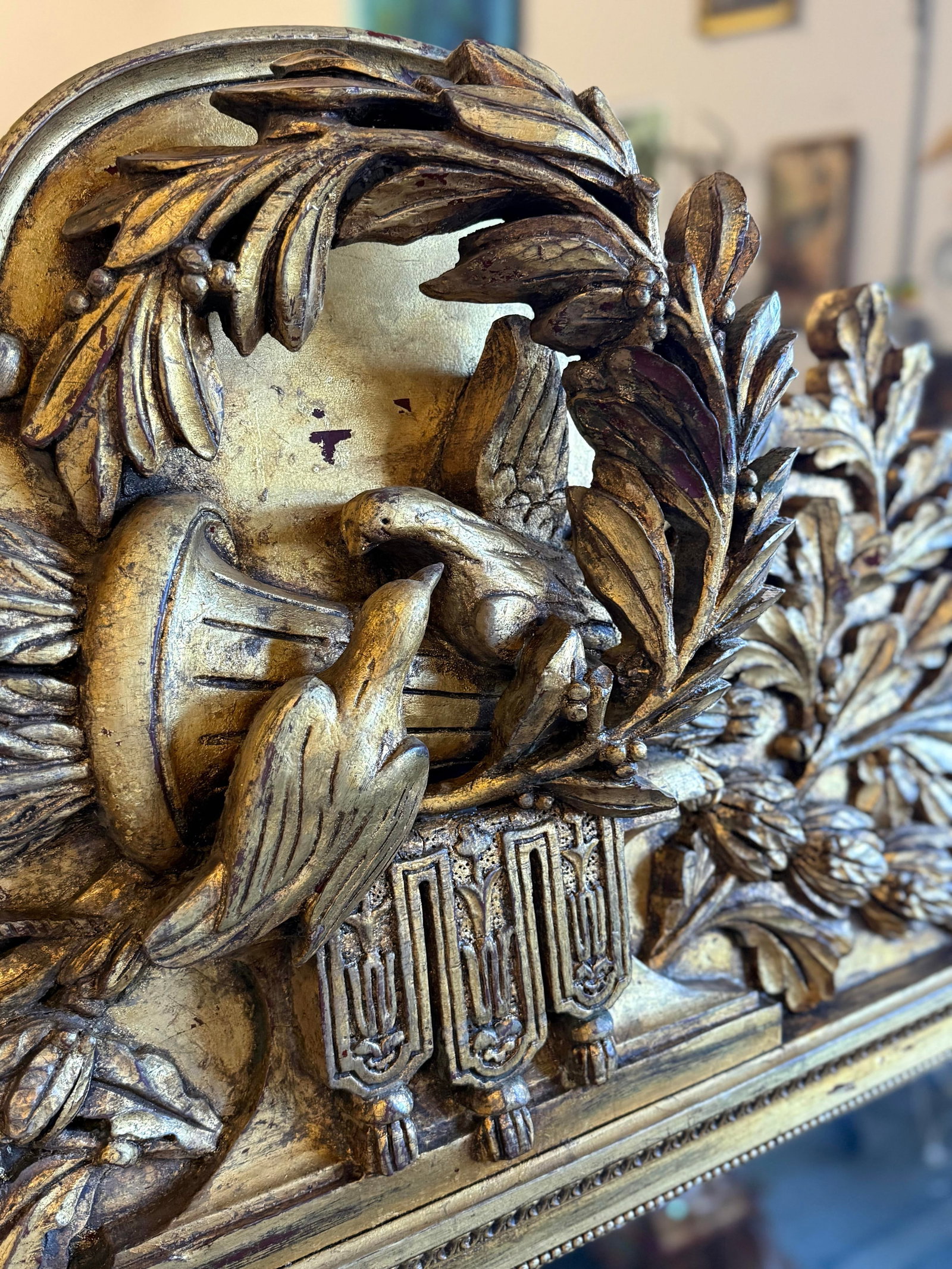 Large Carved Antique Regency Carved Wood Gold Mirror.. 64" Tall. Three Dimensional Carving Doves and - 7