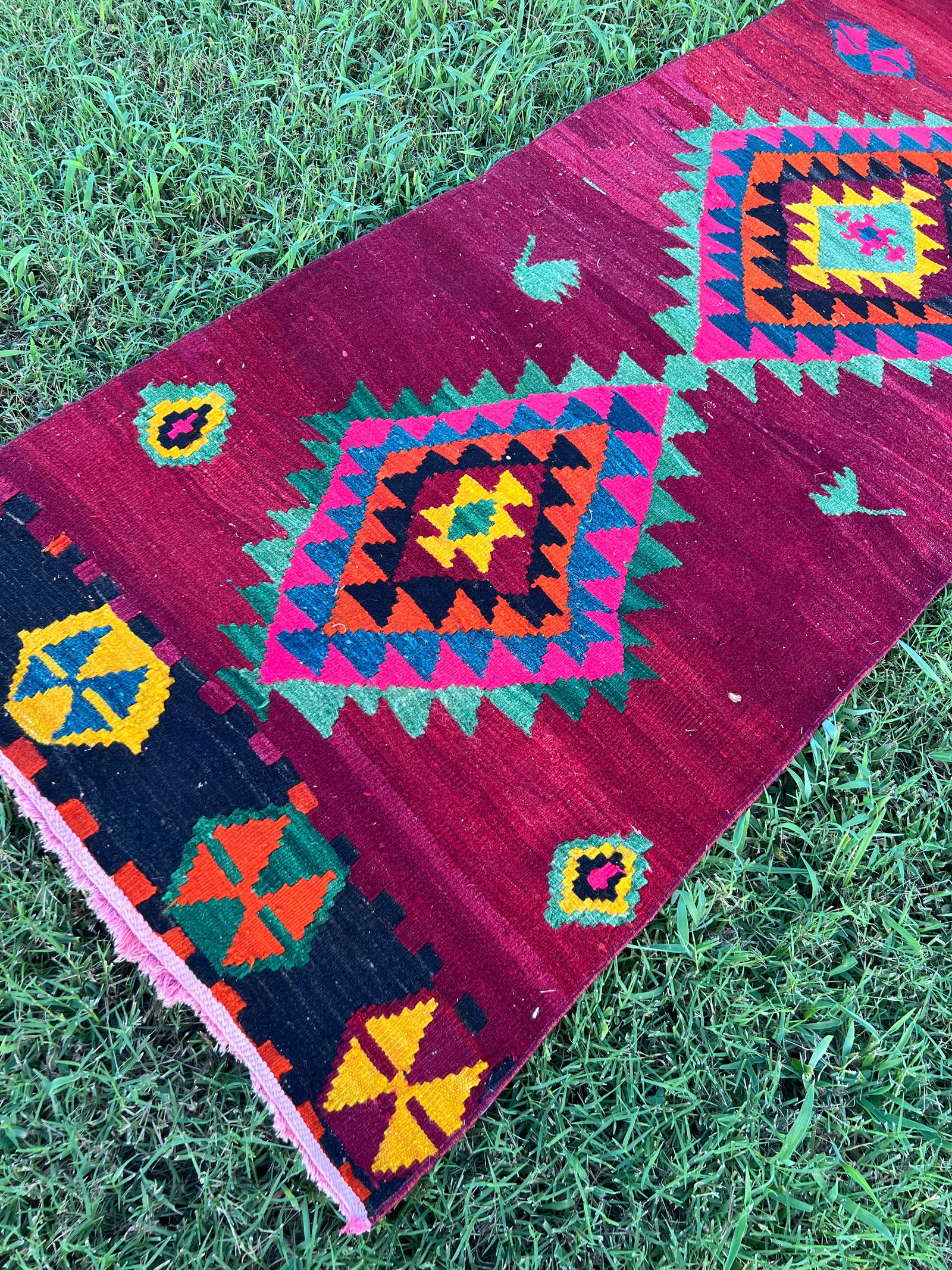 1950s Ruby Red Color Diamond Pattern Flatweave Kilim Rug - 2