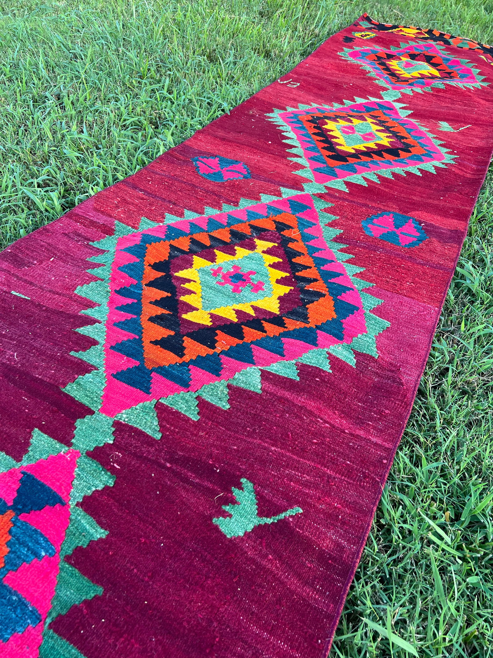 1950s Ruby Red Color Diamond Pattern Flatweave Kilim Rug - 3