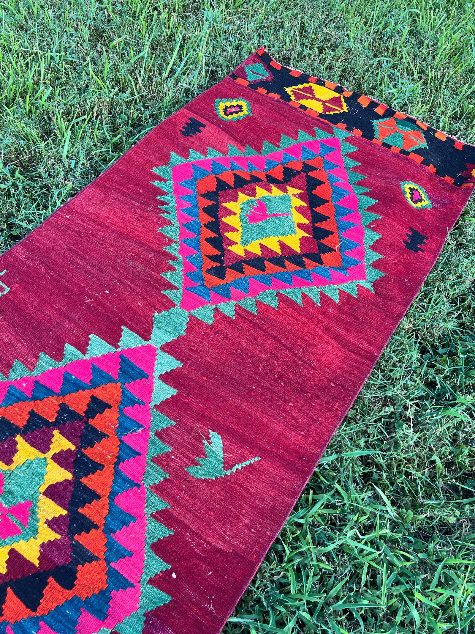 1950s Ruby Red Color Diamond Pattern Flatweave Kilim Rug - 4