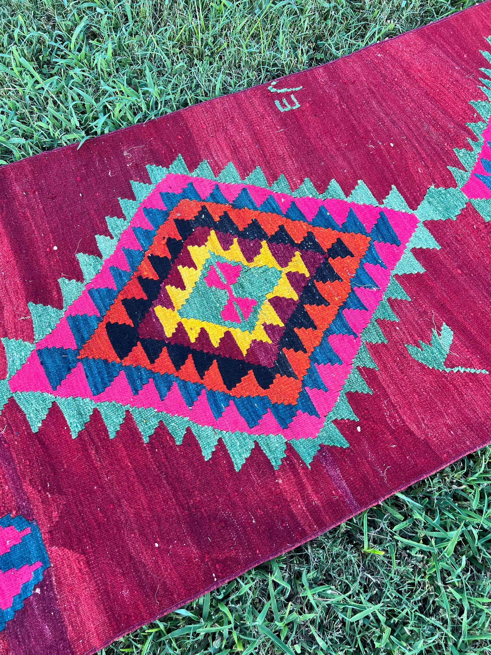 1950s Ruby Red Color Diamond Pattern Flatweave Kilim Rug - 5