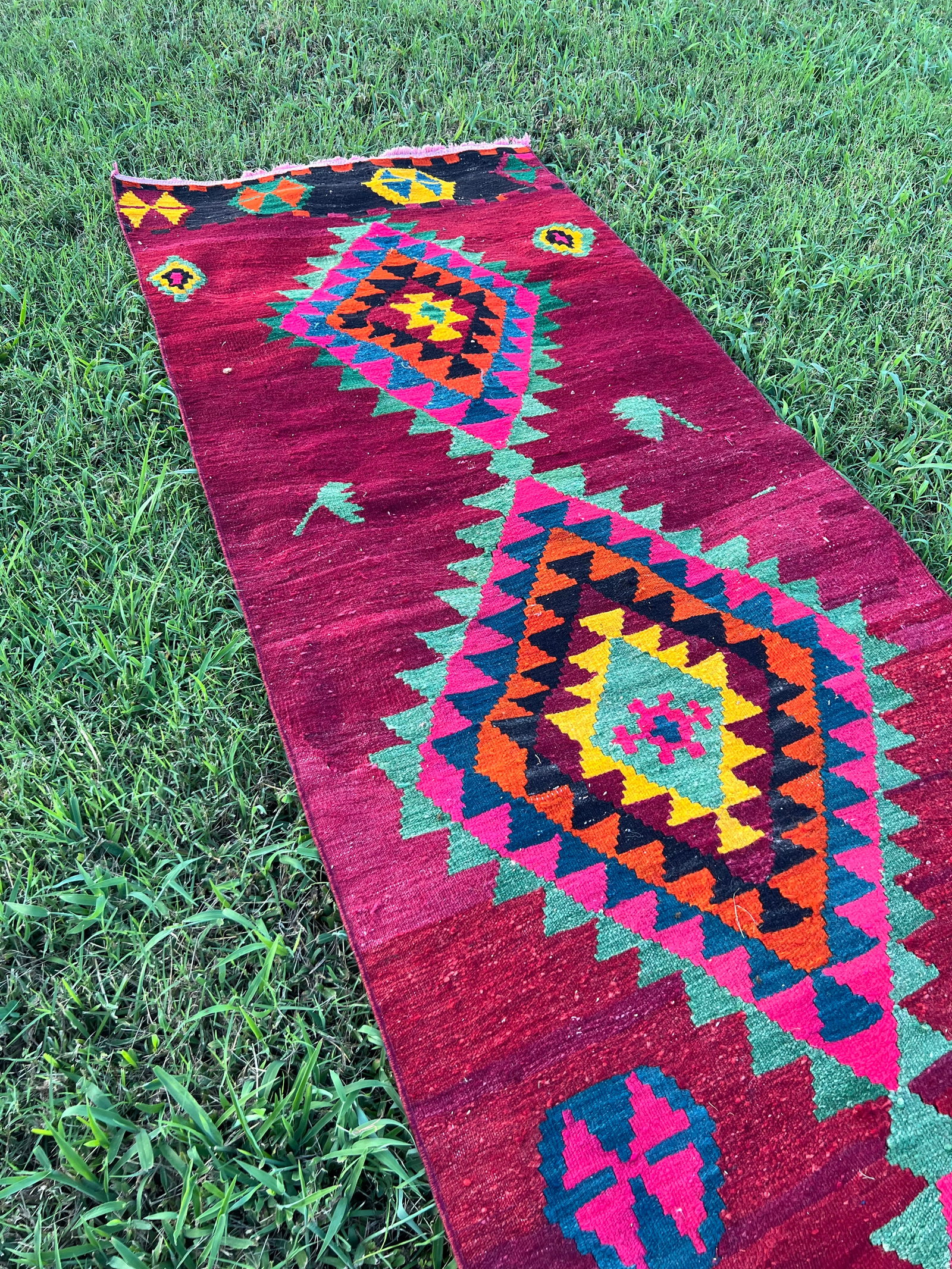 1950s Ruby Red Color Diamond Pattern Flatweave Kilim Rug - 6