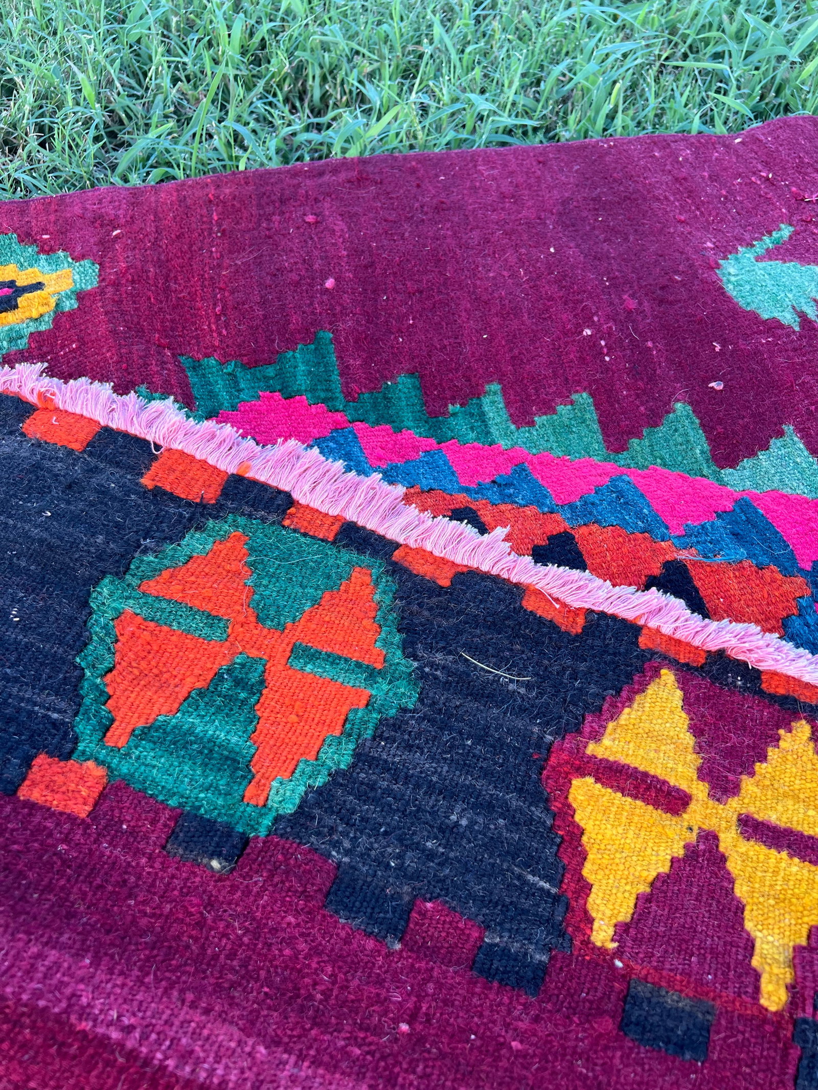 1950s Ruby Red Color Diamond Pattern Flatweave Kilim Rug - 7