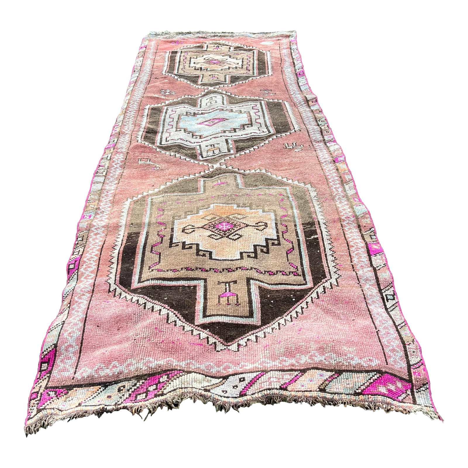 1940s Vintage Caucasian Pink Runner Rug As: All rugs have been professionally cleaned; original condition is not altered, age-related wear is considered normal in these unique, hand woven vintage rugs. It is common for slight variations in