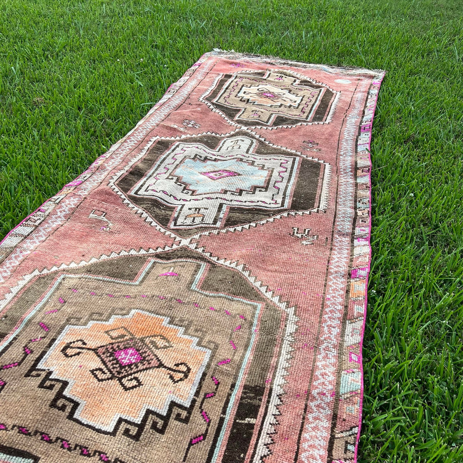 1940s Vintage Caucasian Pink Runner Rug As - 3