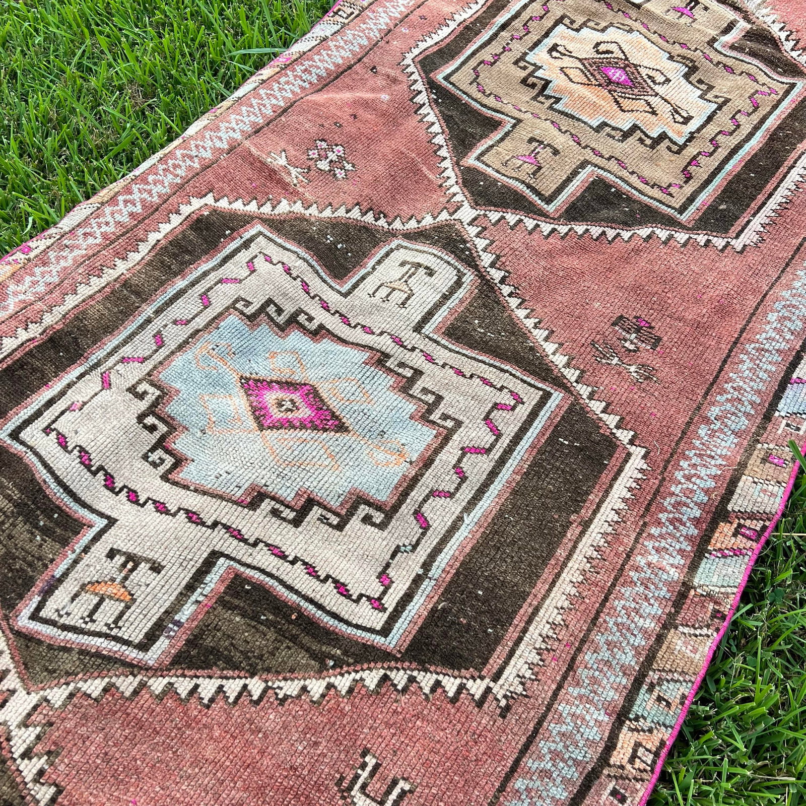 1940s Vintage Caucasian Pink Runner Rug As - 4