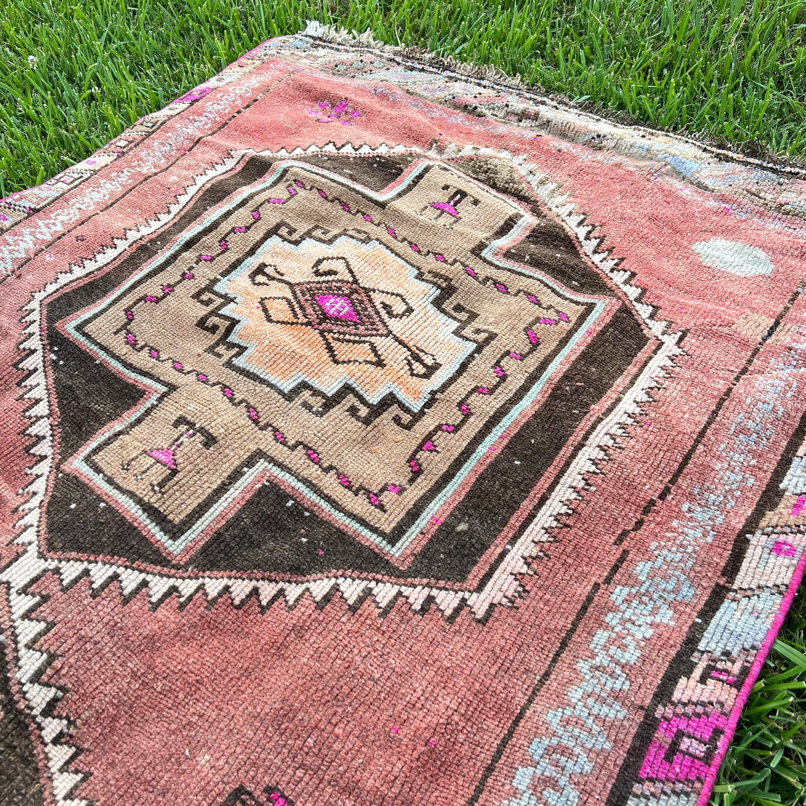 1940s Vintage Caucasian Pink Runner Rug As - 6