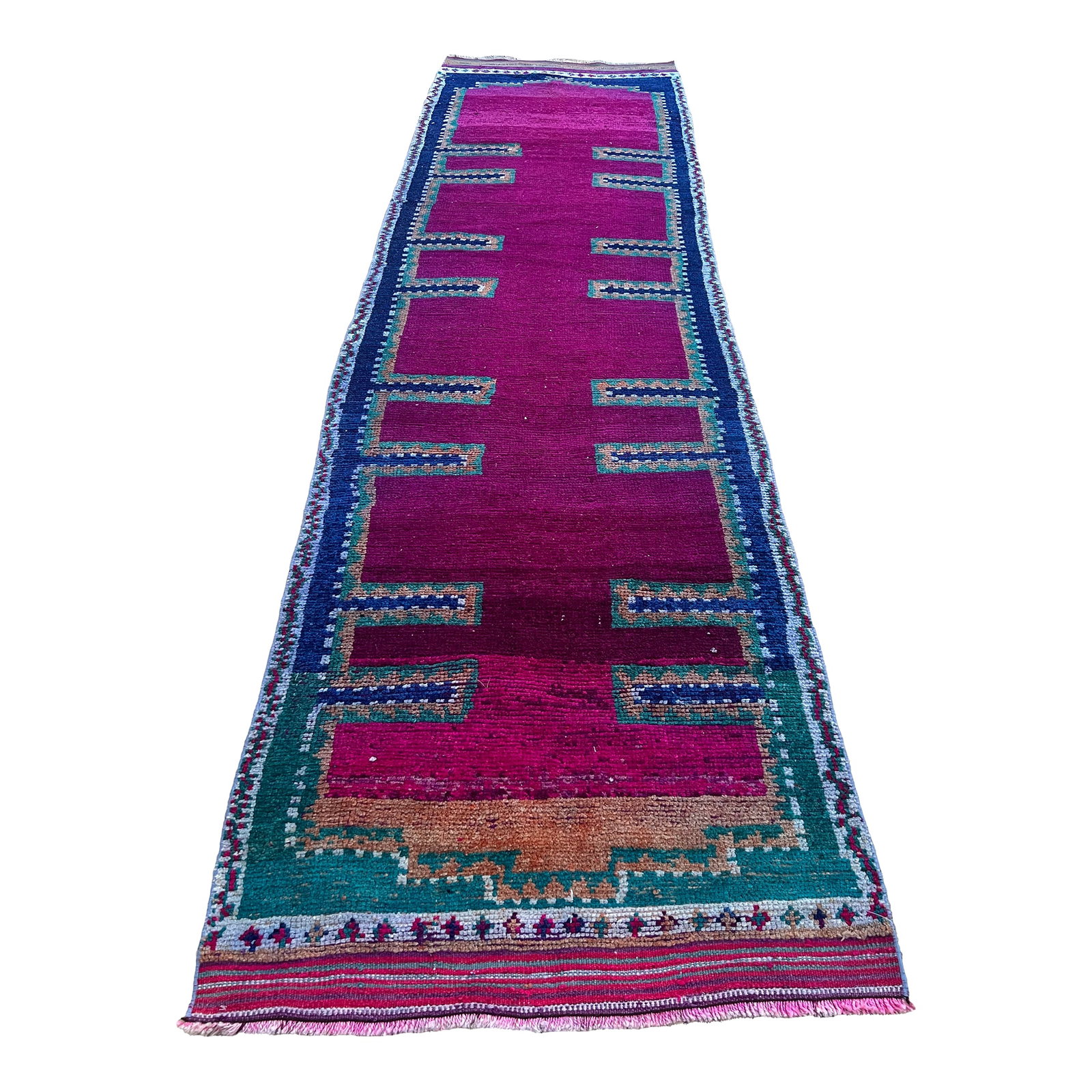 Vintage Hot Pink and Teal Color Kurdish Tribal Runner Rug: All rugs have been professionally cleaned; original condition is not altered, age-related wear is considered normal in these unique, hand woven vintage rugs. It is common for slight variations in