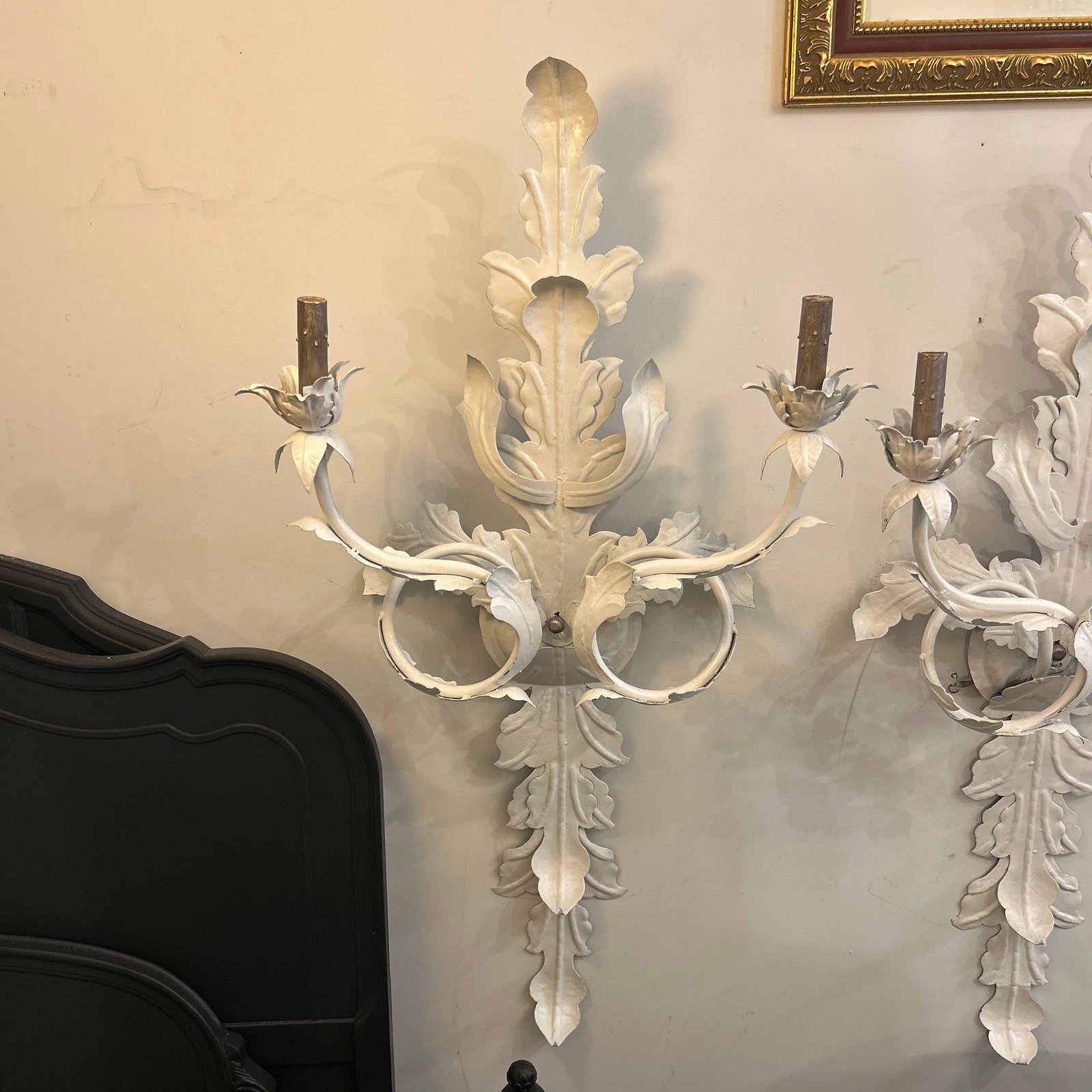 French Mediterranean Hollywood Regency Leaf Design Metal Wall Sconces a Pair Electrified - 12