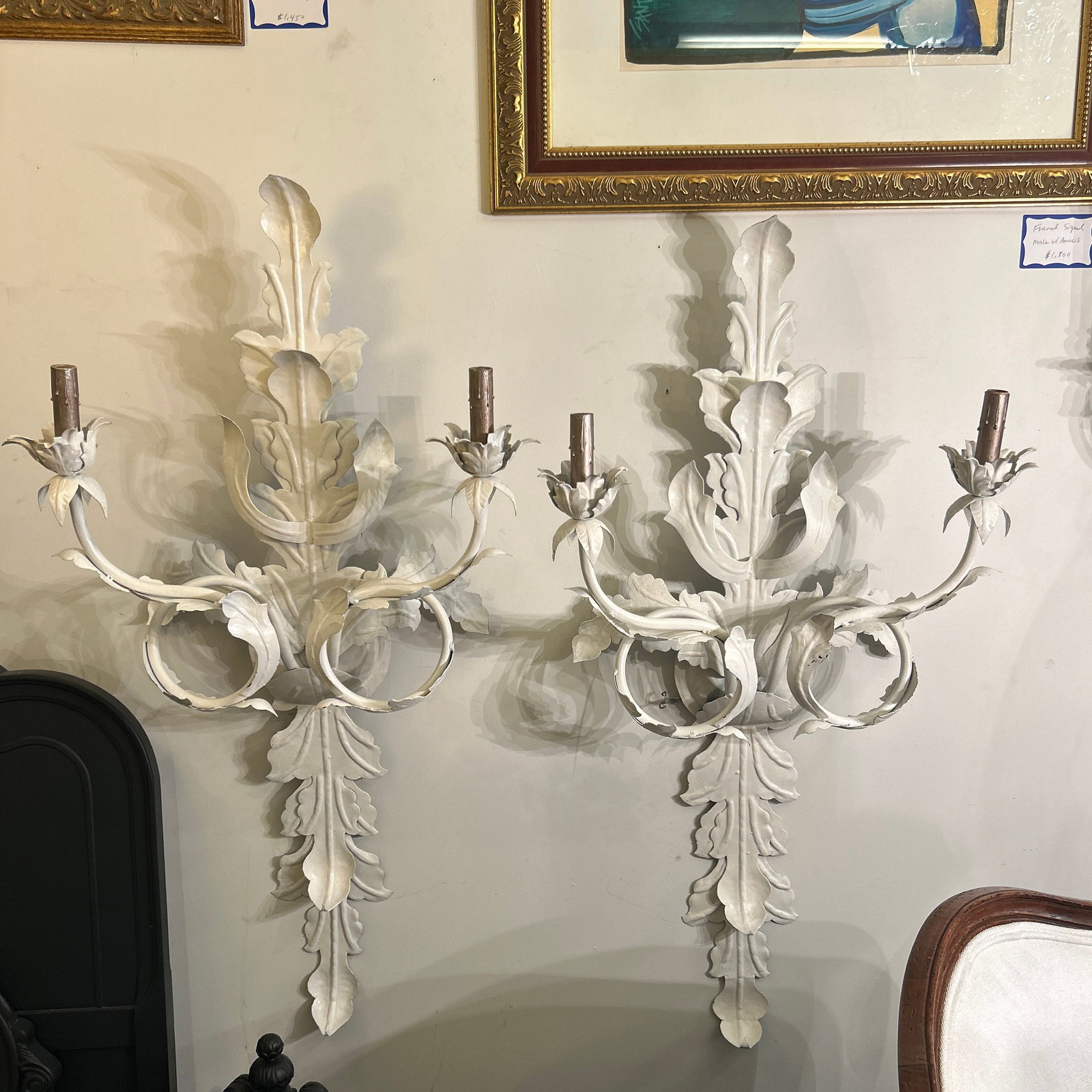 French Mediterranean Hollywood Regency Leaf Design Metal Wall Sconces a Pair Electrified - 2