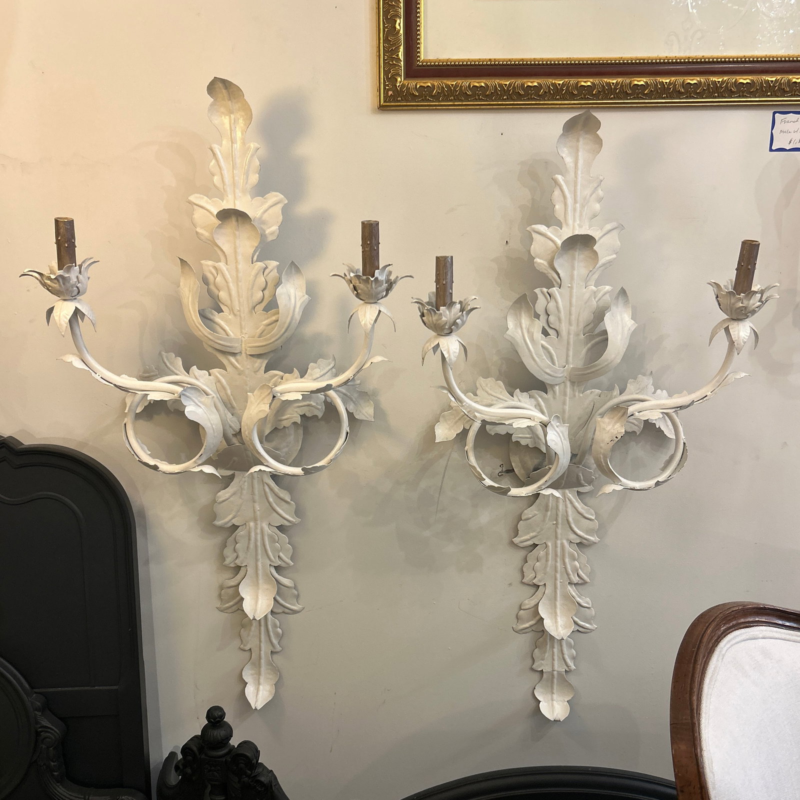 French Mediterranean Hollywood Regency Leaf Design Metal Wall Sconces a Pair Electrified - 6
