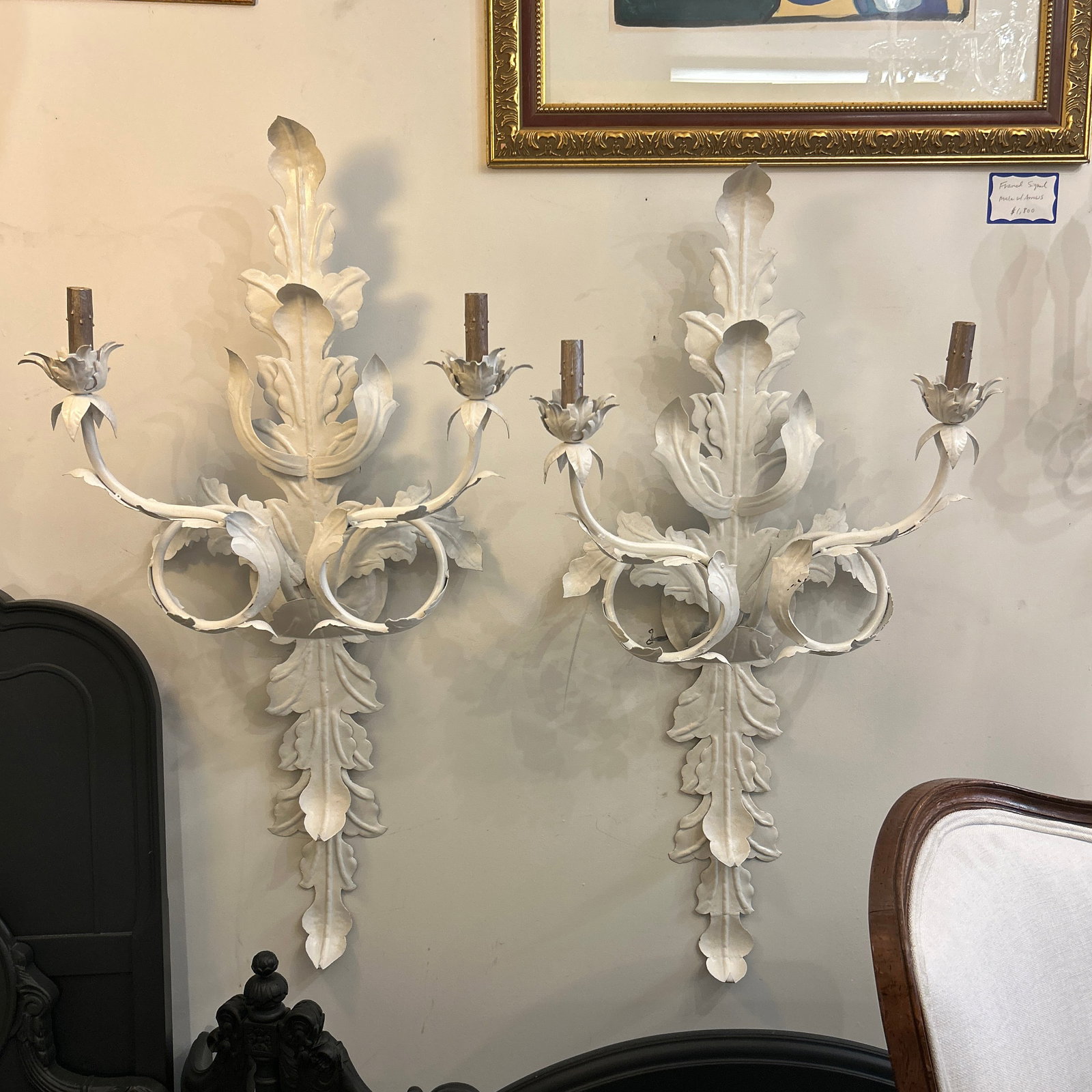 French Mediterranean Hollywood Regency Leaf Design Metal Wall Sconces a Pair Electrified - 7