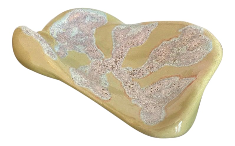 Mariana Van Allesch 1940s American Studio Pottery Bowl: A wonderful example of famed American potter, Mariana van Allesch's 1940 asymmetrical modern pottery. Done in subdued muted colors and with a coral like center design. A great example of her most