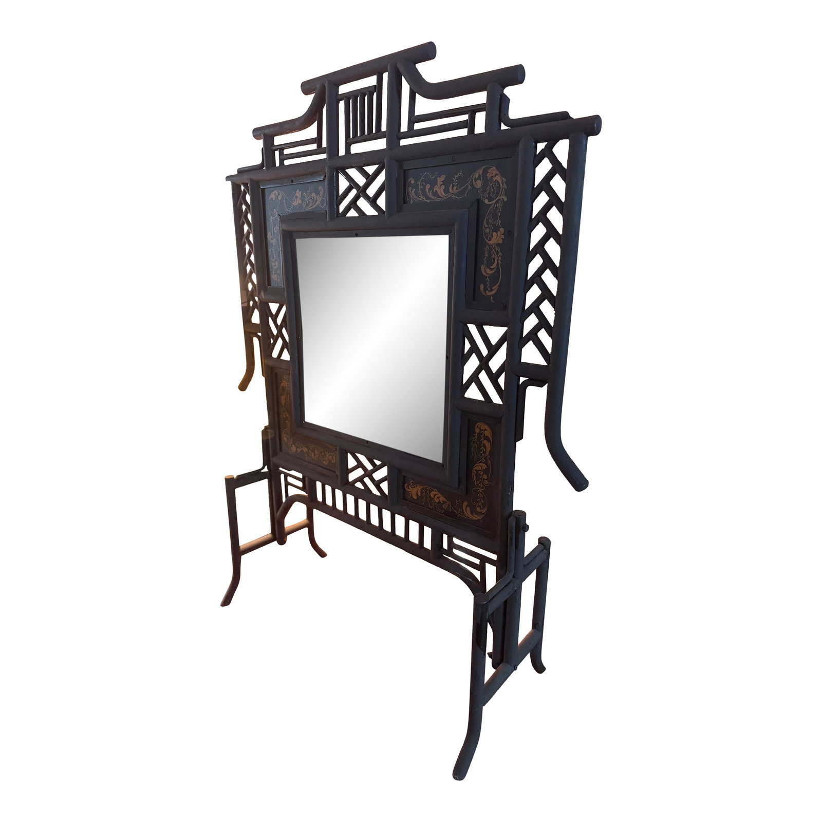 1960s Wrought Iron Chinoiserie Mirrored Fire Screen: Very heavy and well made. A mirrored fire screen in the chinoiserie style. Painted dark brown Condition: Alterations: Original Condition Unaltered Imperfections: Some Imperfections Condition Notes: